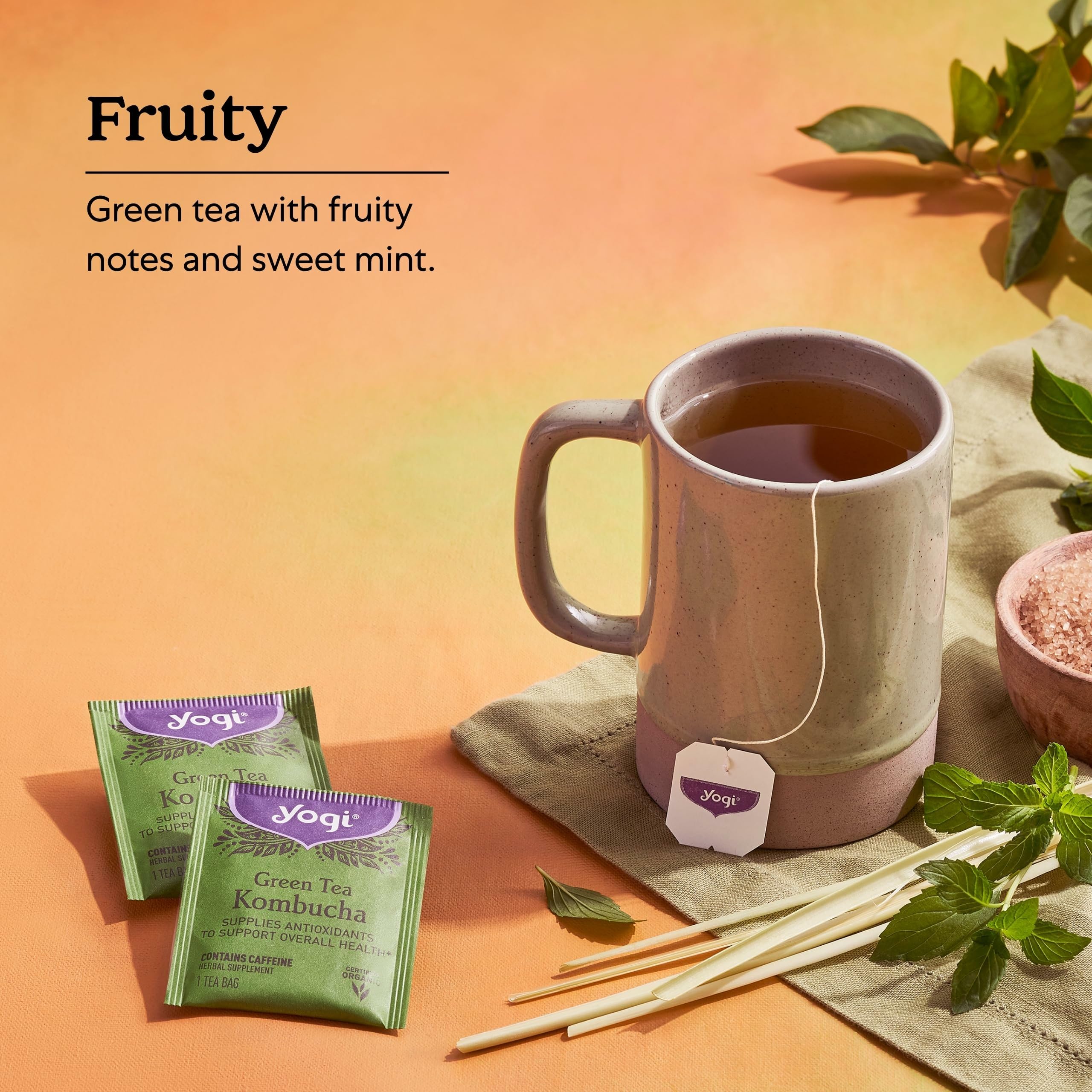 Chilled Yogi tea in a glass with ice showing refreshing iced-tea enjoyment