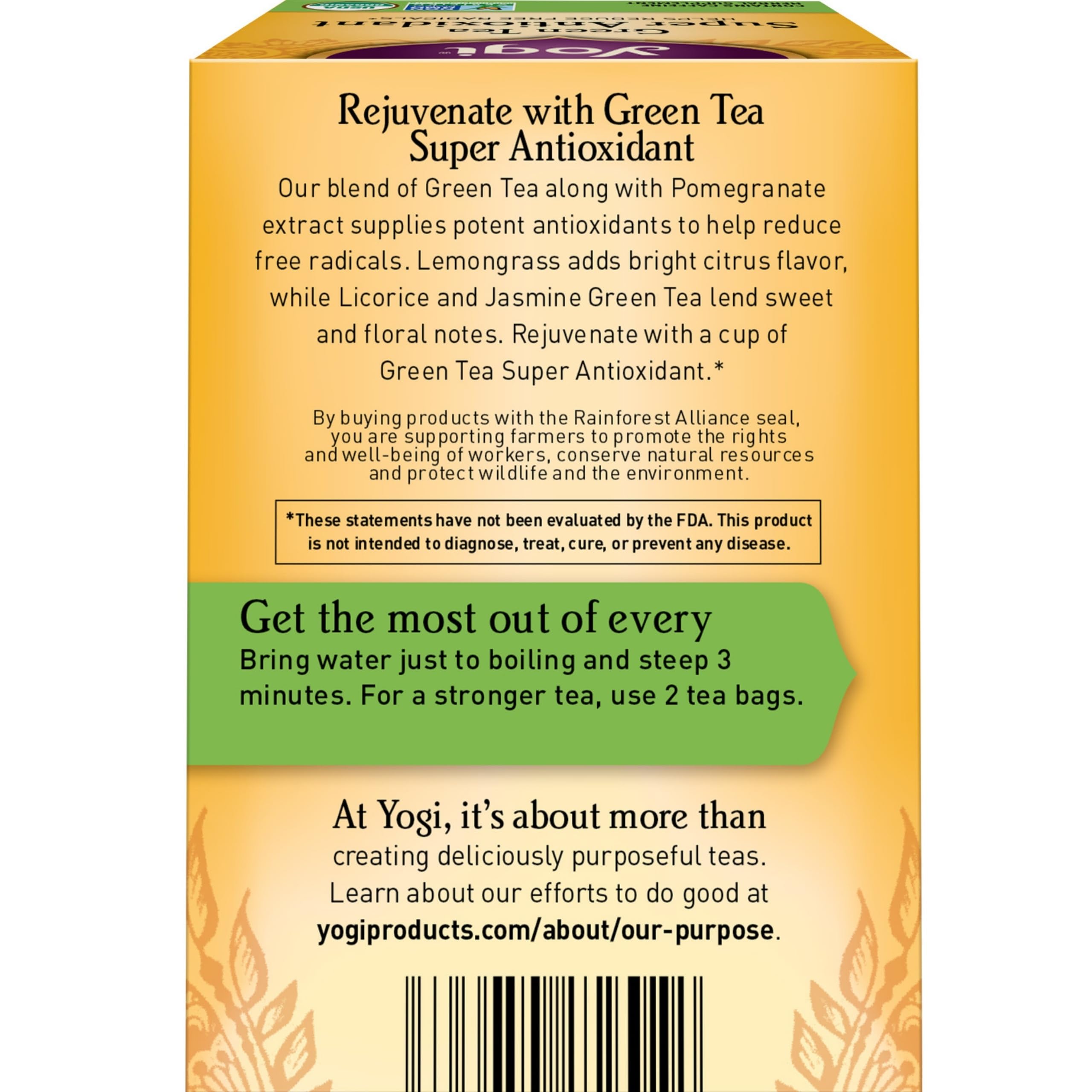 Yogi loose green tea leaves with pomegranate and lemongrass details
