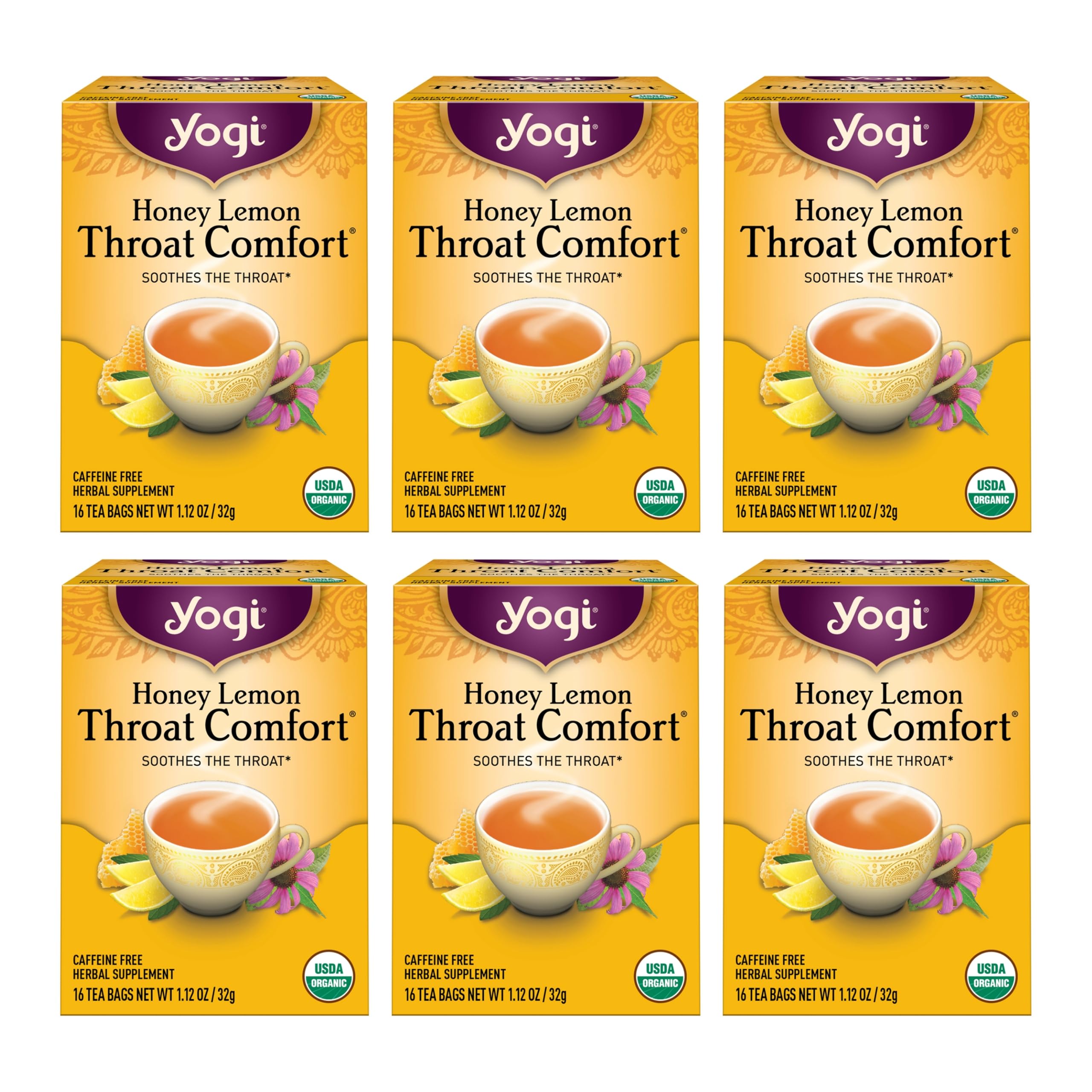 Yogi front packaging showing organic honey lemon comfort blend and benefits