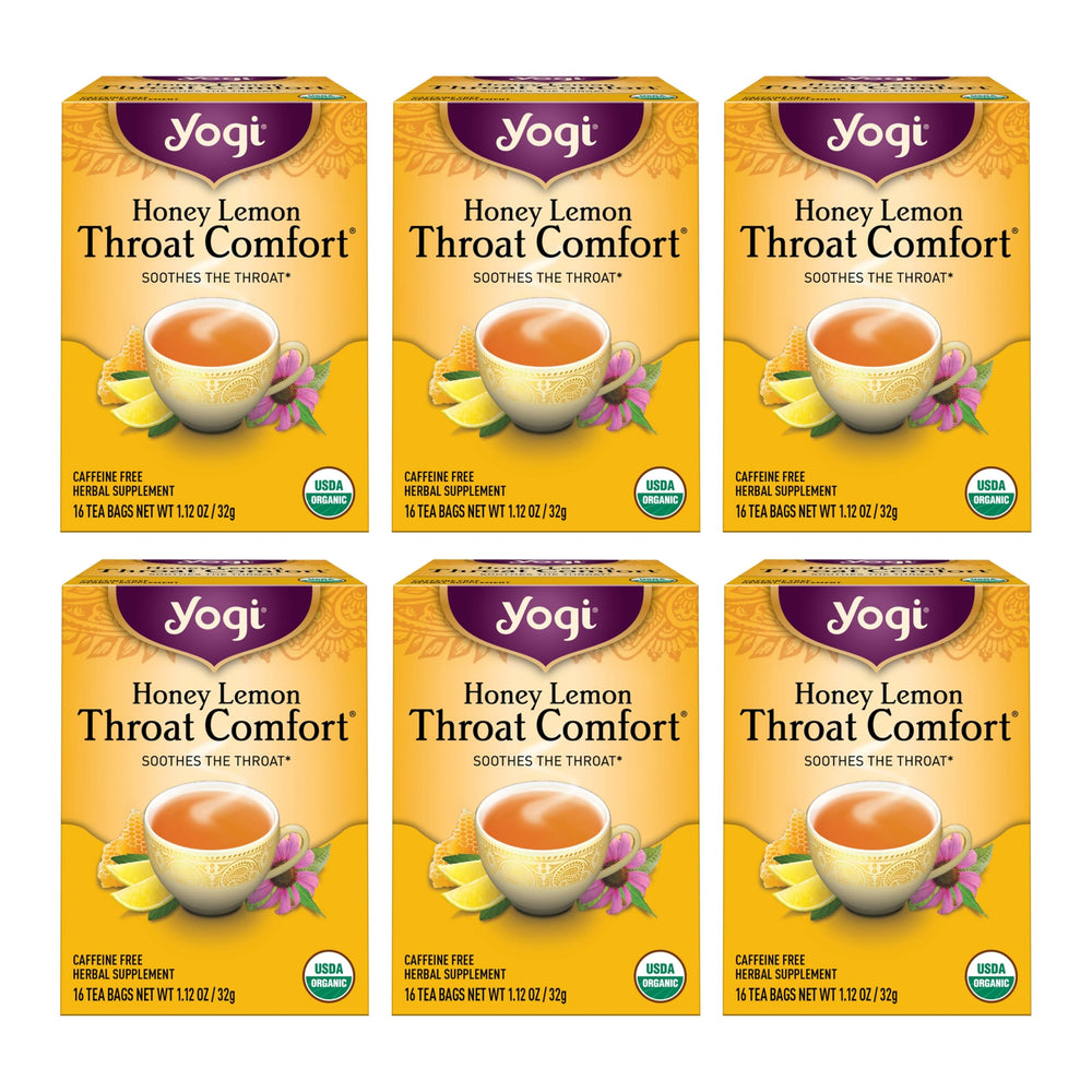 Yogi front packaging showing organic honey lemon comfort blend and benefits