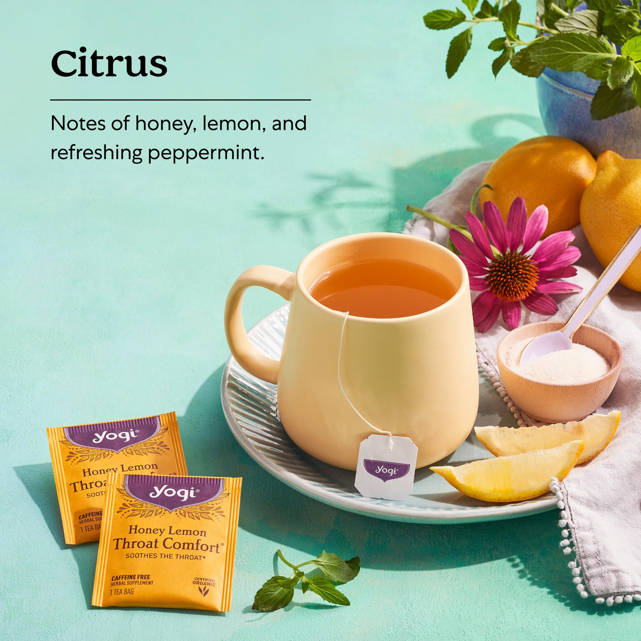 Yogi steaming cup with tea bag steeping for throat comfort and warmth