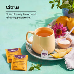 Yogi steaming cup with tea bag steeping for throat comfort and warmth