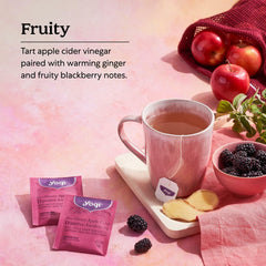 Yogi ingredients displayed apple cider vinegar, fresh ginger, and blackberries for natural flavor