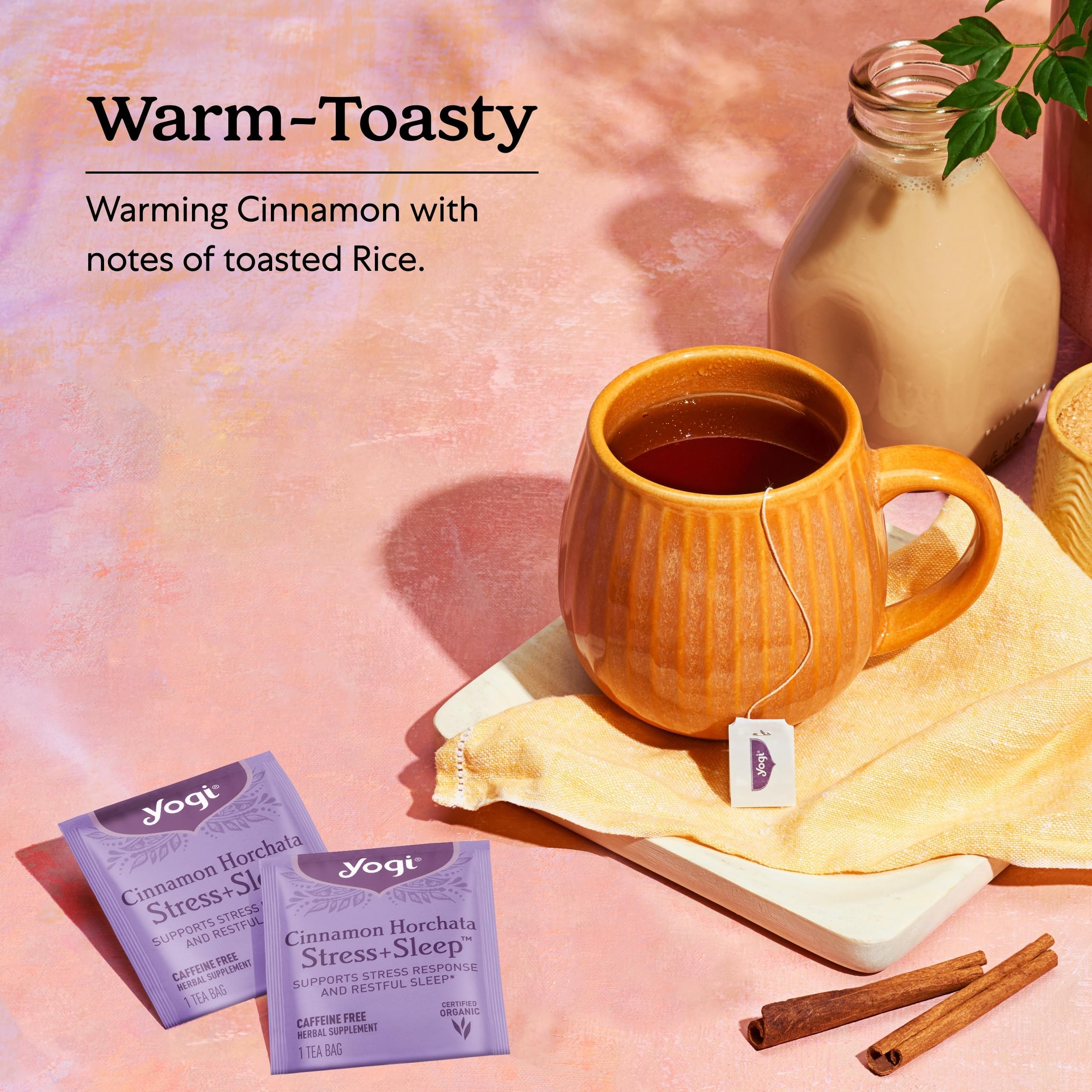 Yogi loose ingredients spread with cinnamon and ashwagandha showcasing natural botanicals