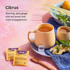Yogi lemon ginger brewed cup top view showing golden color and soothing steam