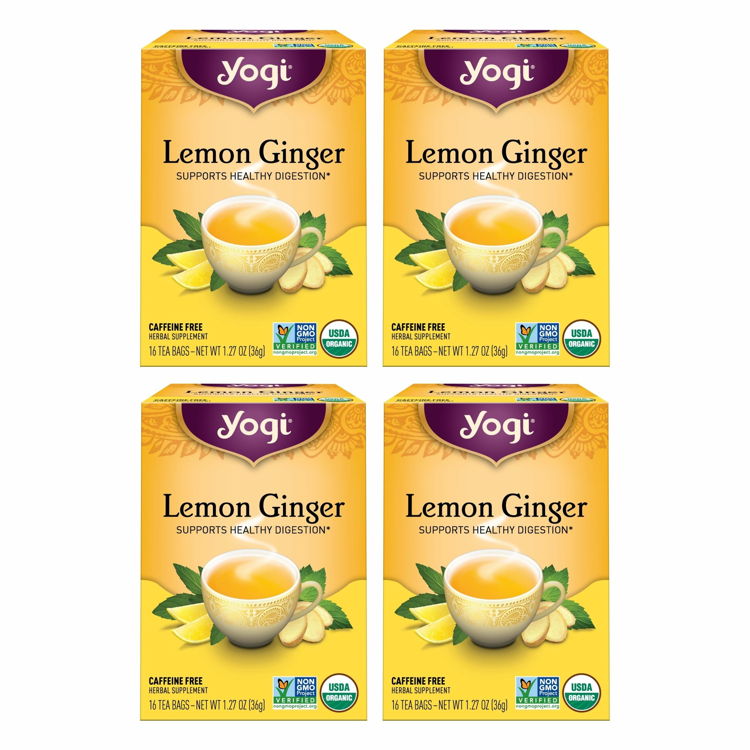 Yogi lemon ginger front packaging showing organic benefits and flavor
