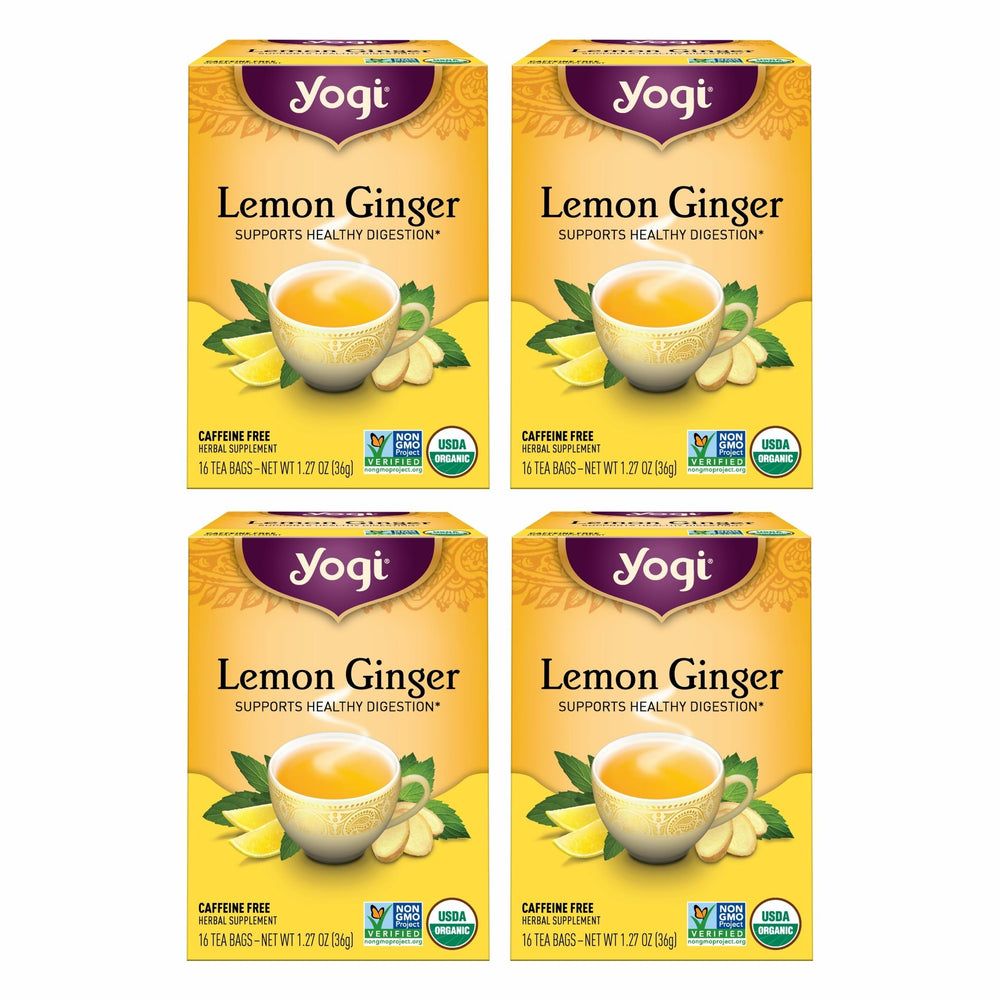 Yogi lemon ginger front packaging showing organic benefits and flavor