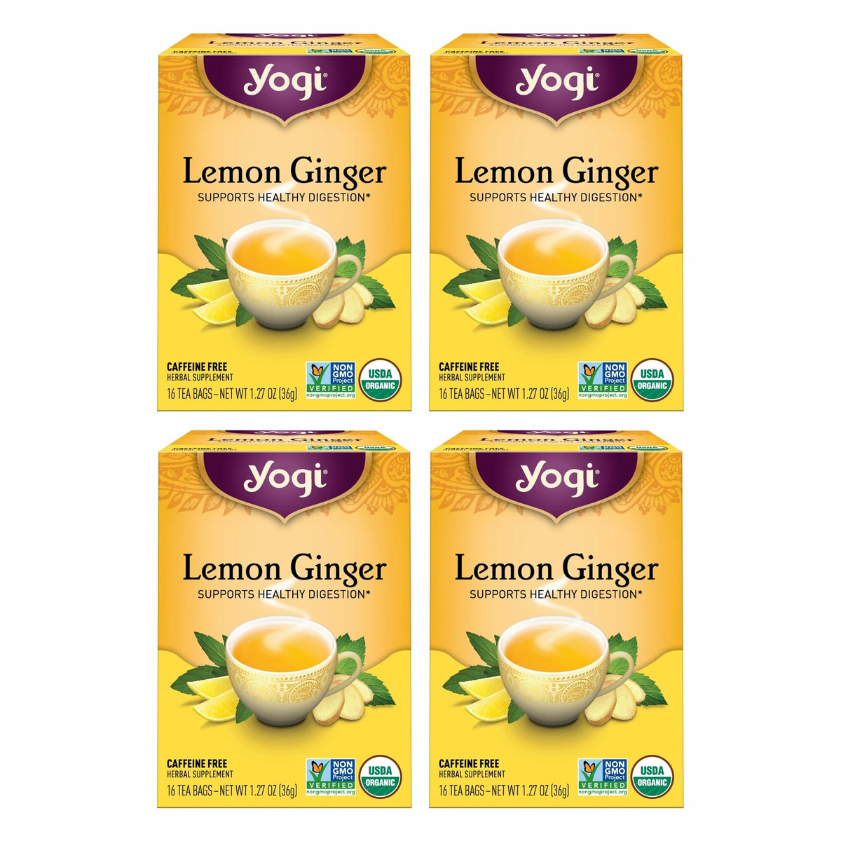Yogi lemon ginger front packaging showing organic benefits and flavor