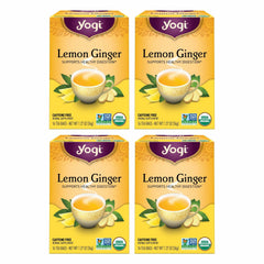 Yogi lemon ginger front packaging showing organic benefits and flavor