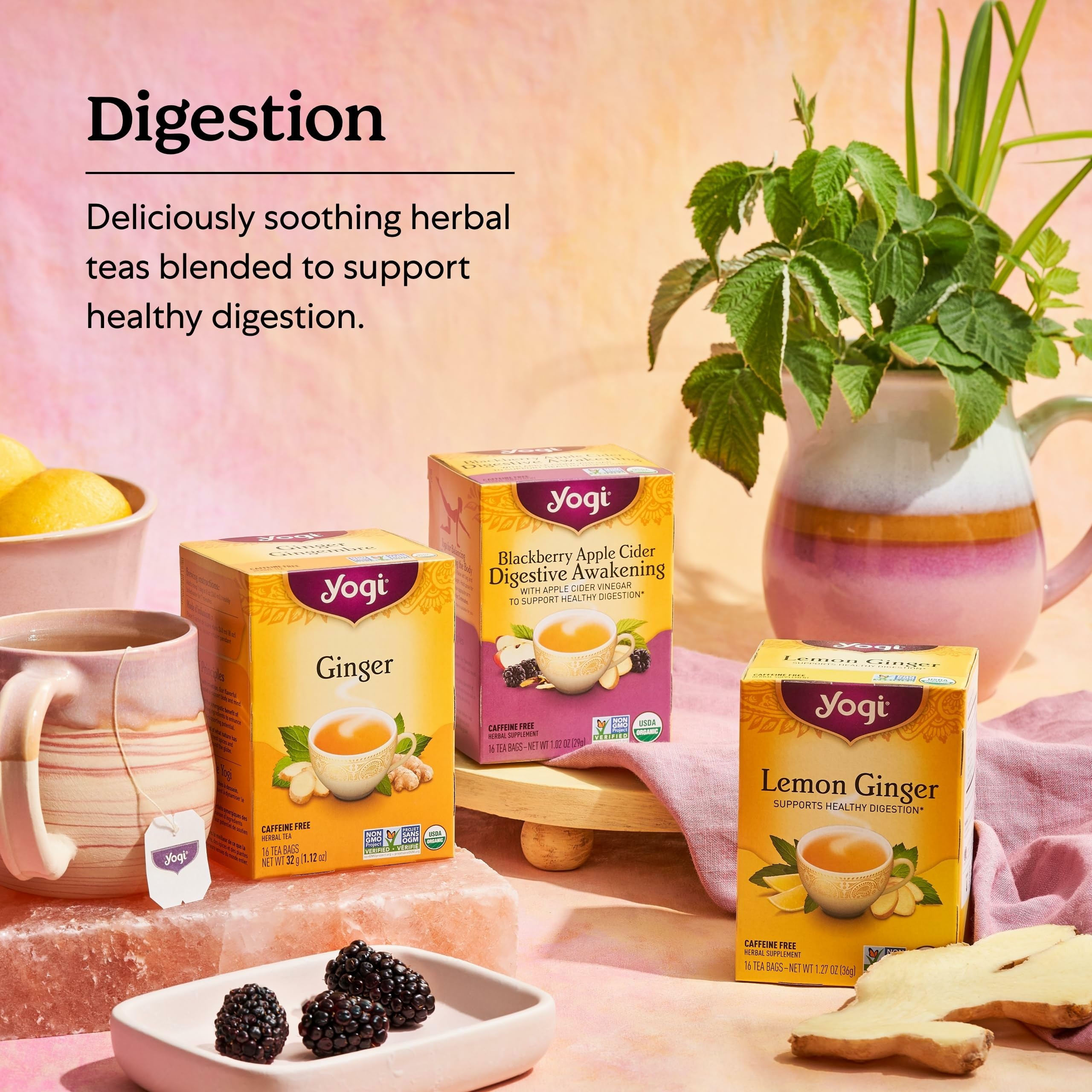 Yogi lemon ginger tea bag wrapped individually for portability and shelf life