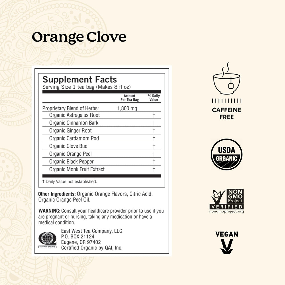 Yogi close-up tea bag with visible orange peel and clove delivering bold flavor