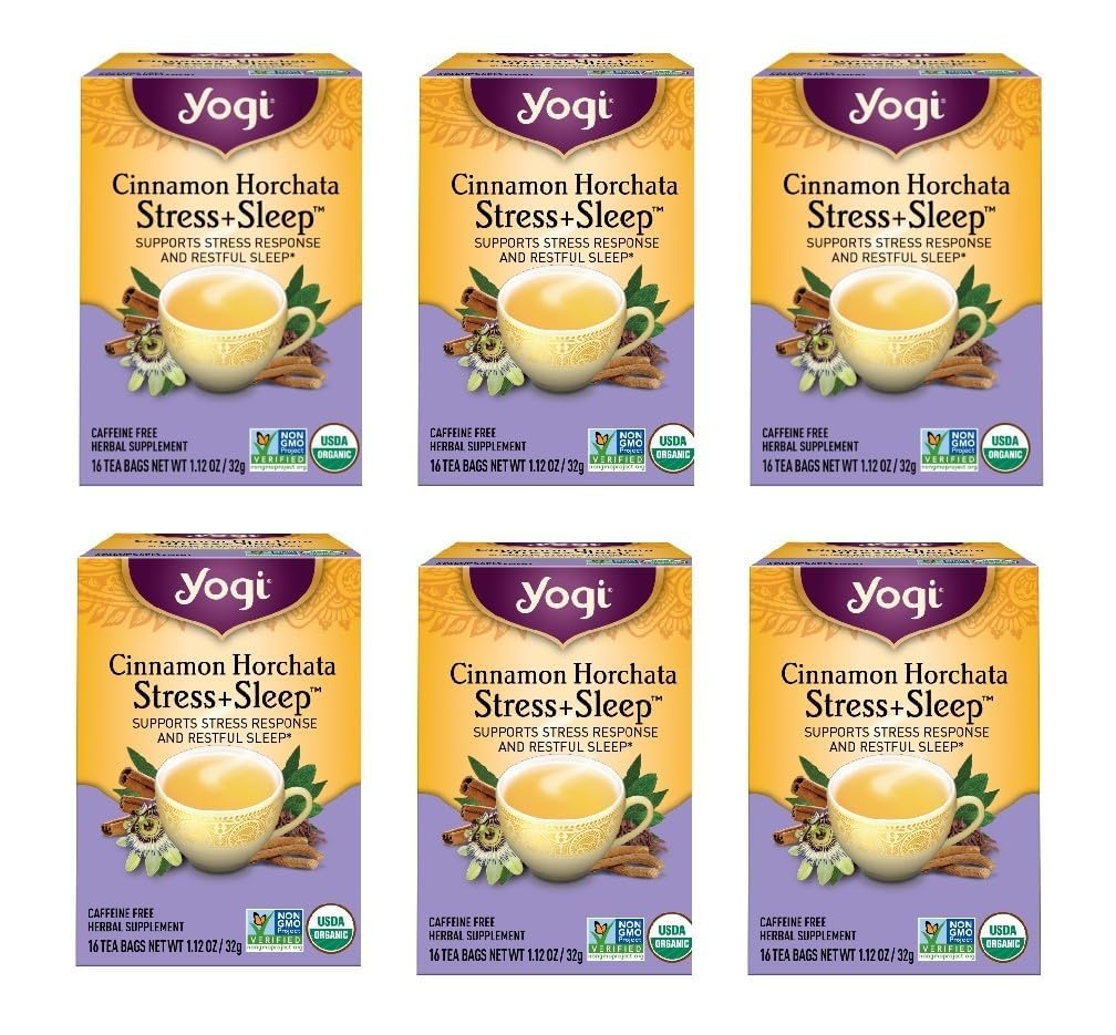 Yogi pack front view showing cinnamon horchata blend and organic label benefits