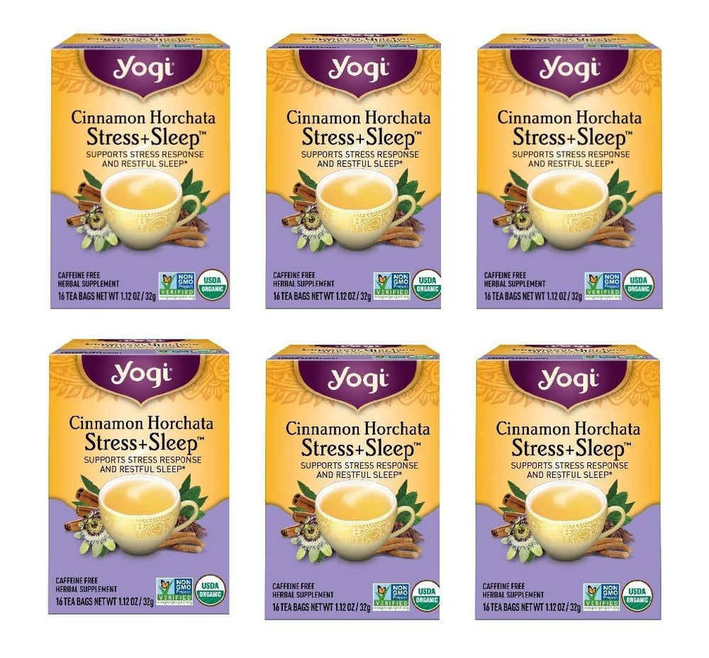 Yogi pack front view showing cinnamon horchata blend and organic label benefits