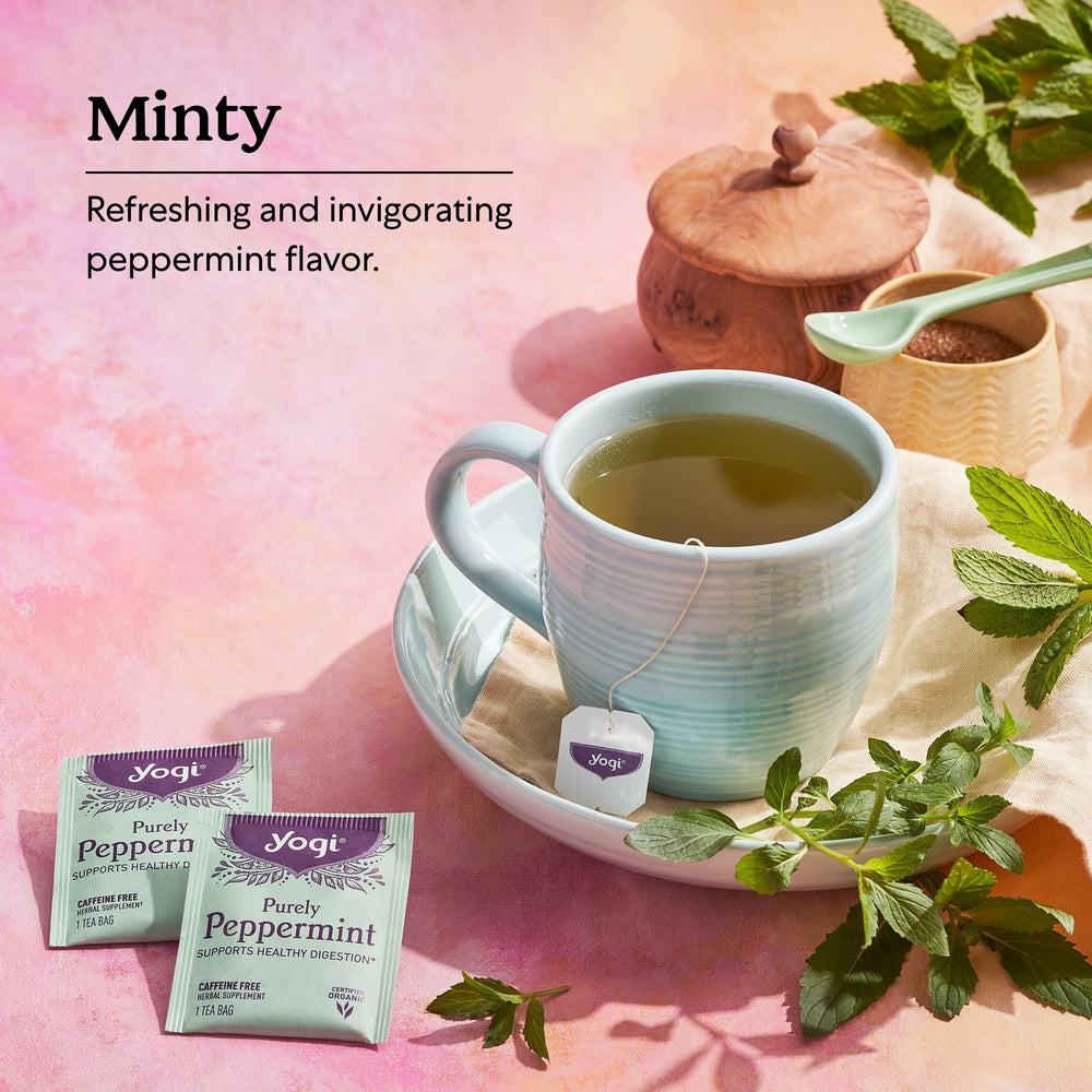 Yogi cup of steaming peppermint tea illustrating soothing, hot-beverage benefit