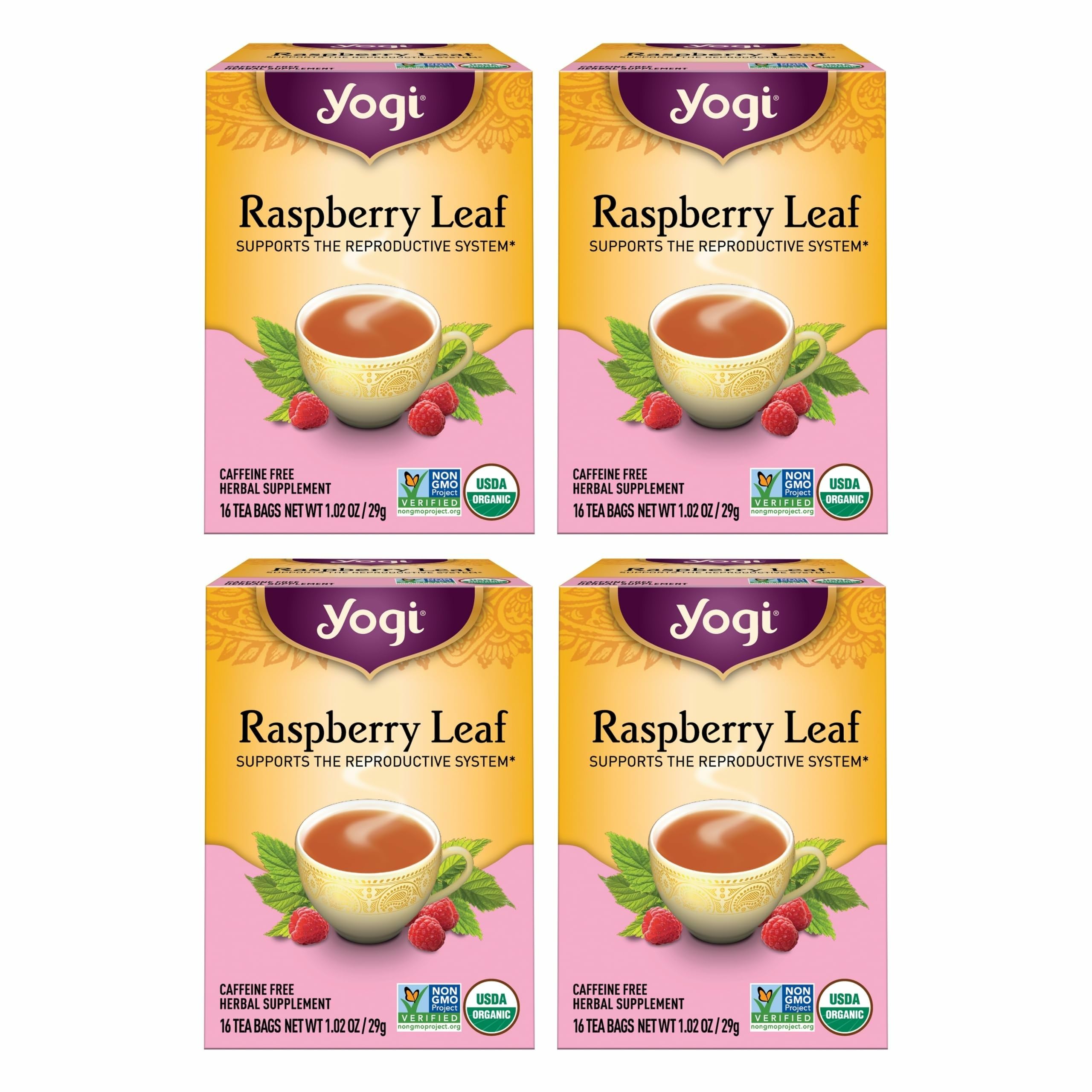 Yogi front packaging showing organic raspberry leaf tea benefits