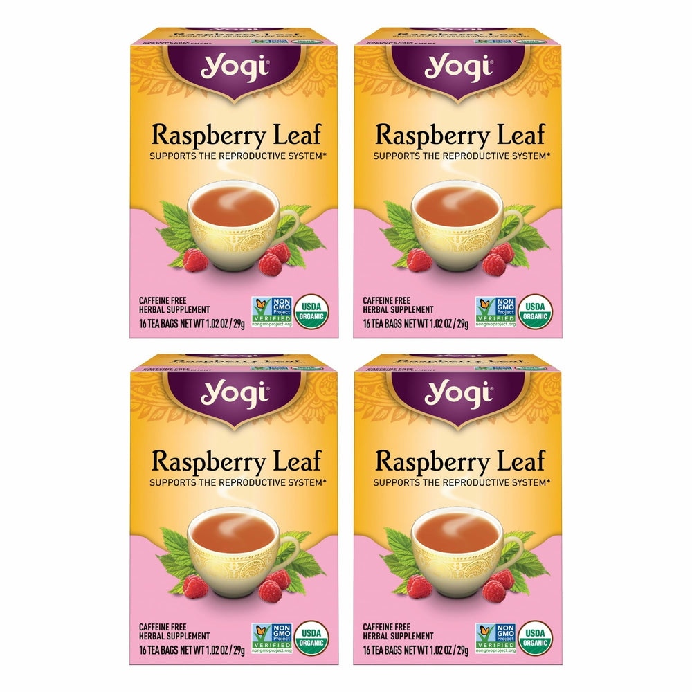 Yogi front packaging showing organic raspberry leaf tea benefits