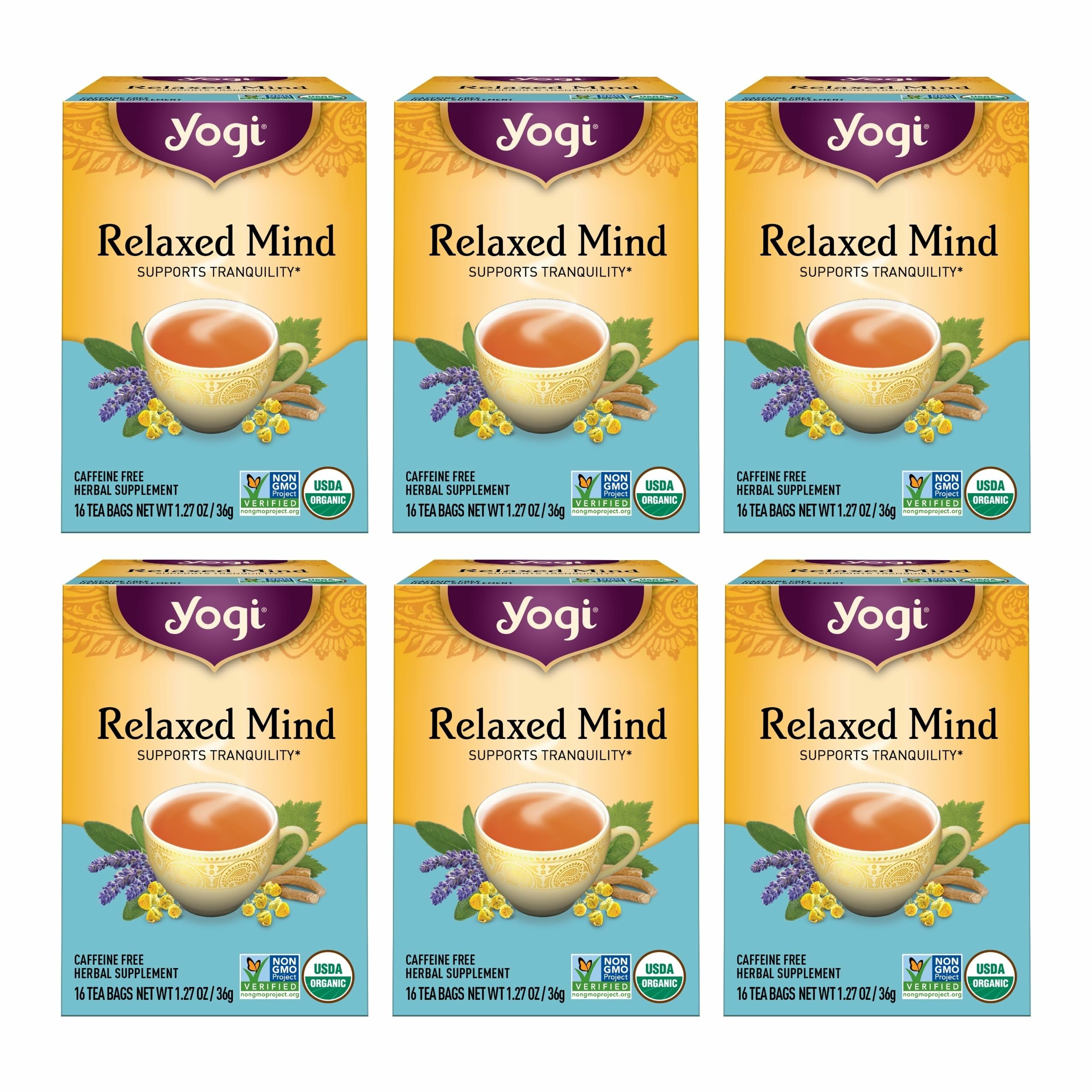 Yogi Relaxed Mind front packaging showing organic 96 tea bags benefit relaxation