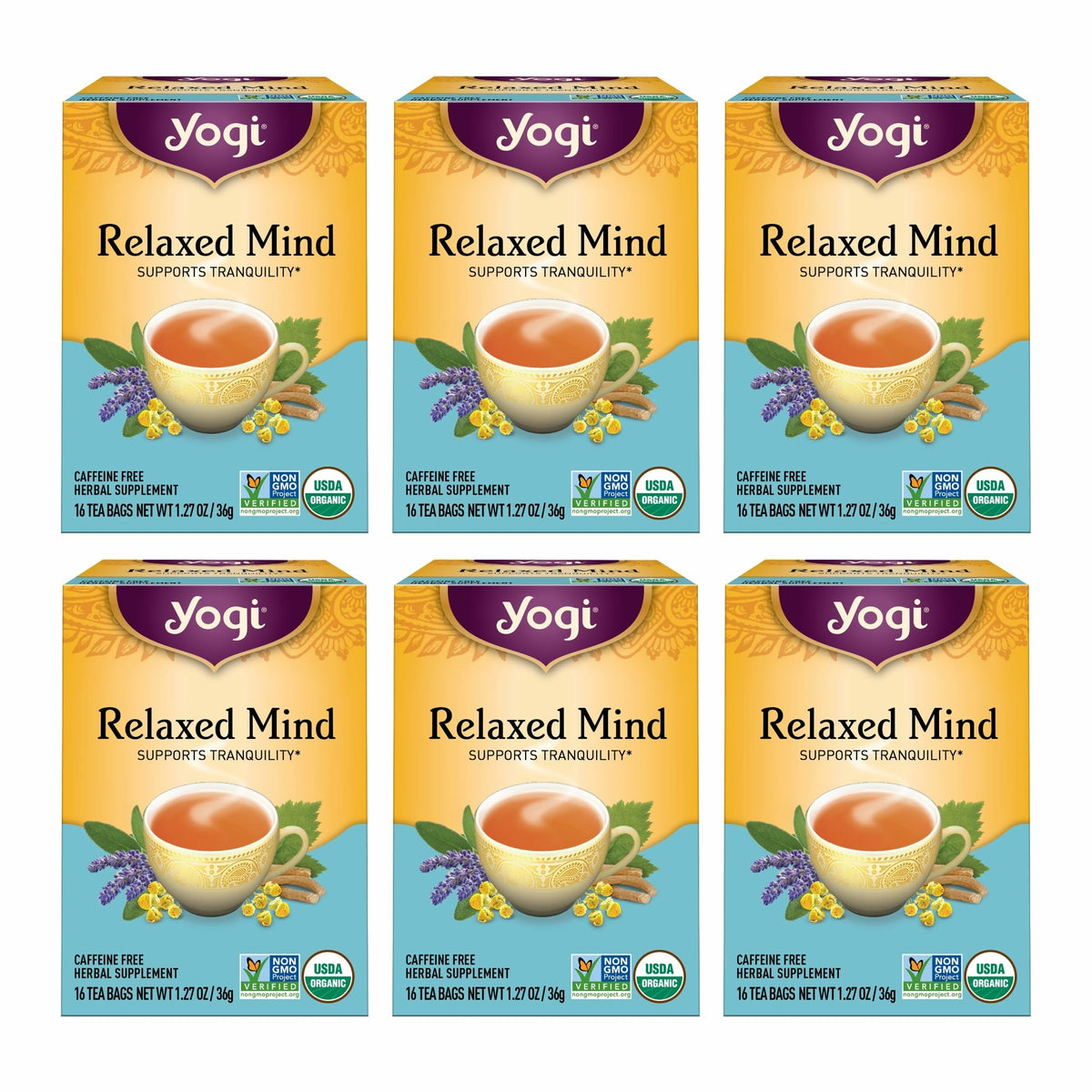 Yogi Relaxed Mind front packaging showing organic 96 tea bags benefit relaxation
