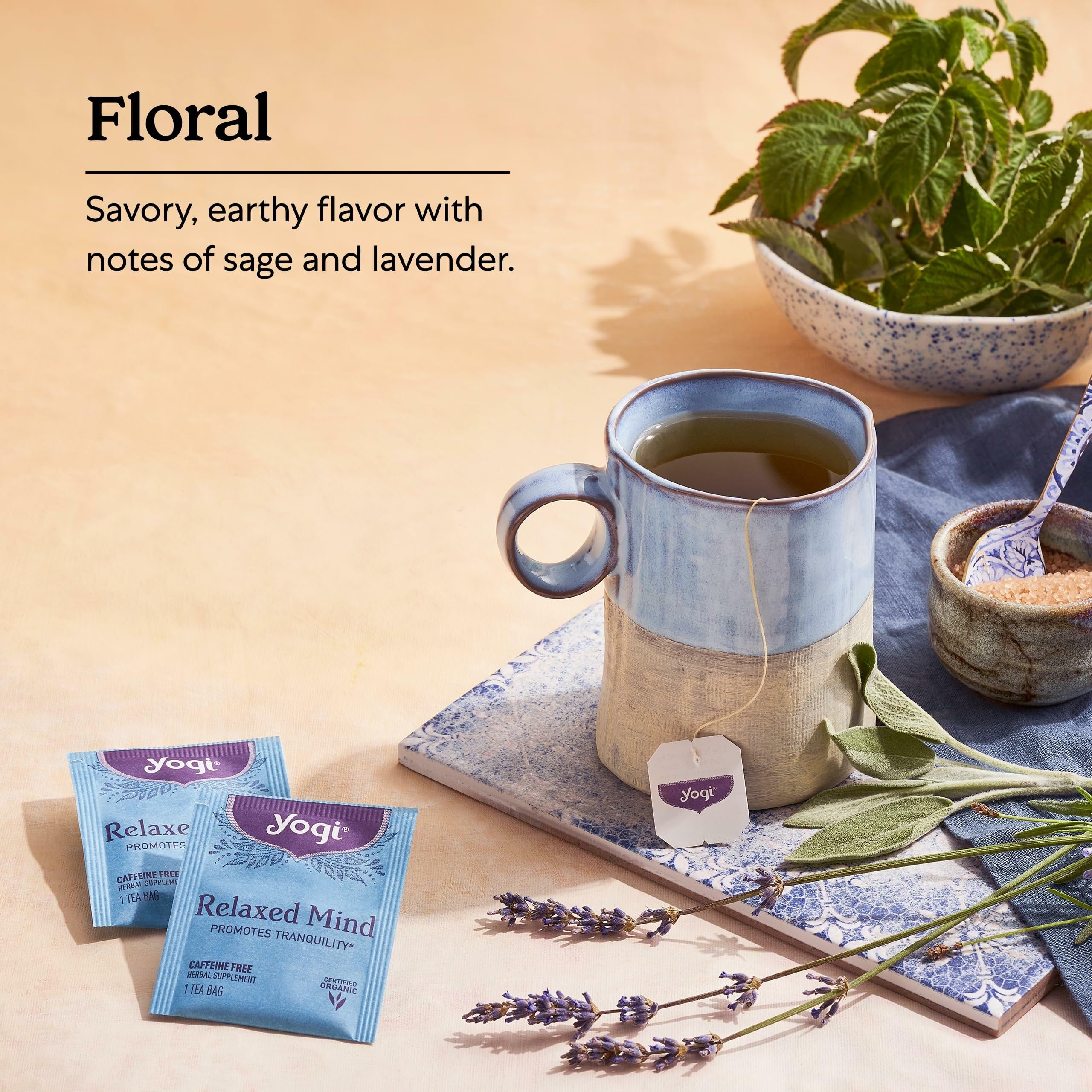 Hot water being poured over a Yogi Relaxed Mind tea bag delivering warm calming cup