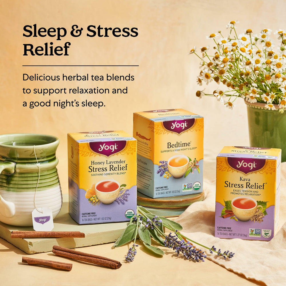 Steeped Yogi Relaxed Mind tea in a cup with lavender garnish for a soothing aroma