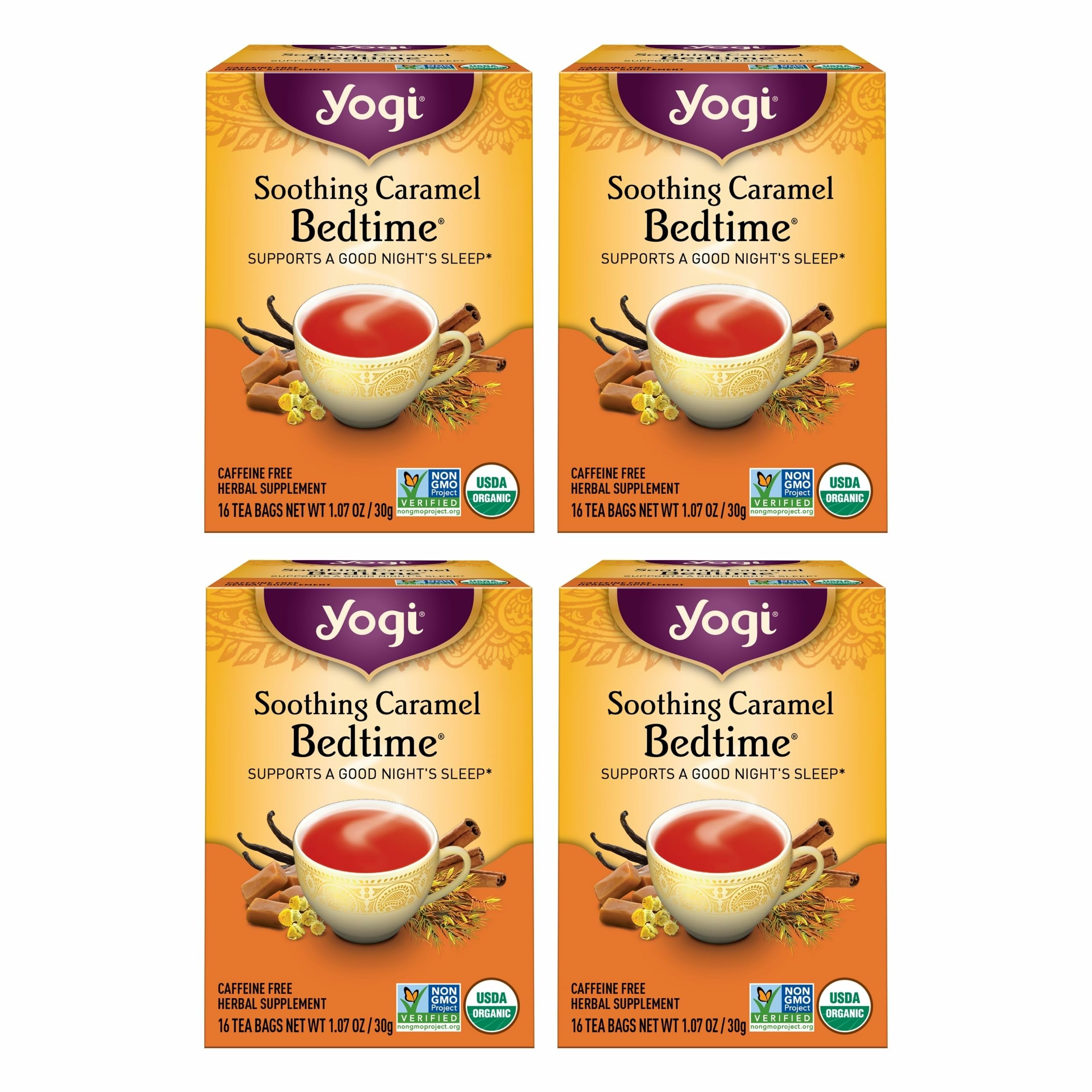 Yogi front packaging showing calming caramel sleep tea and benefit of relaxing aroma