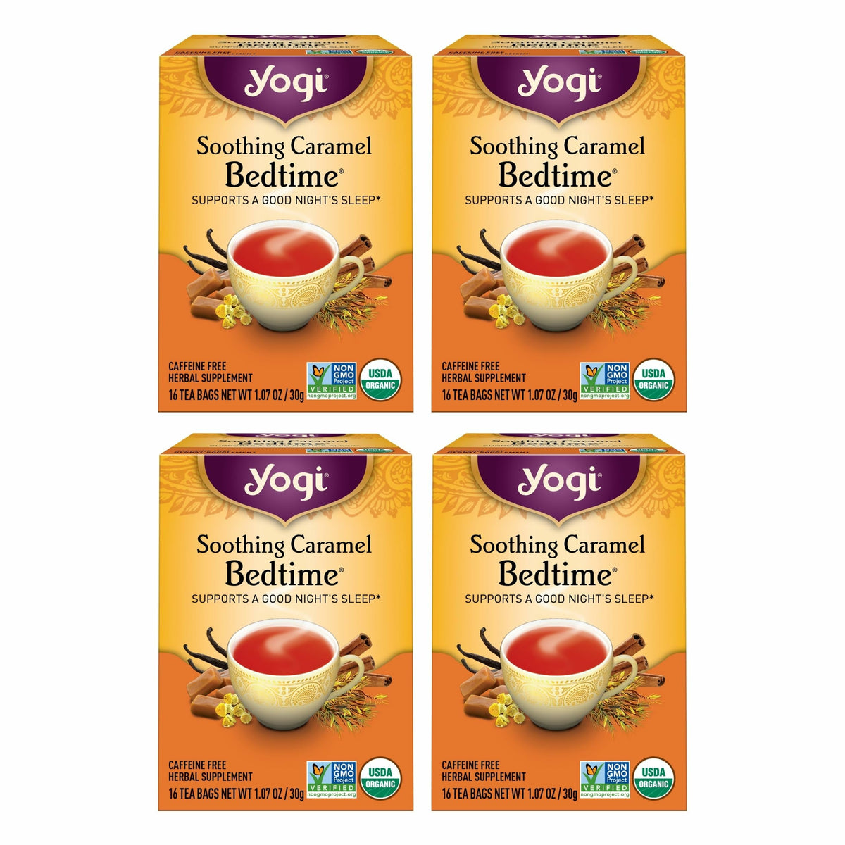 Yogi front packaging showing calming caramel sleep tea and benefit of relaxing aroma