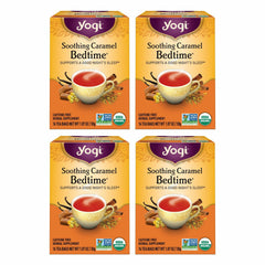 Yogi front packaging showing calming caramel sleep tea and benefit of relaxing aroma