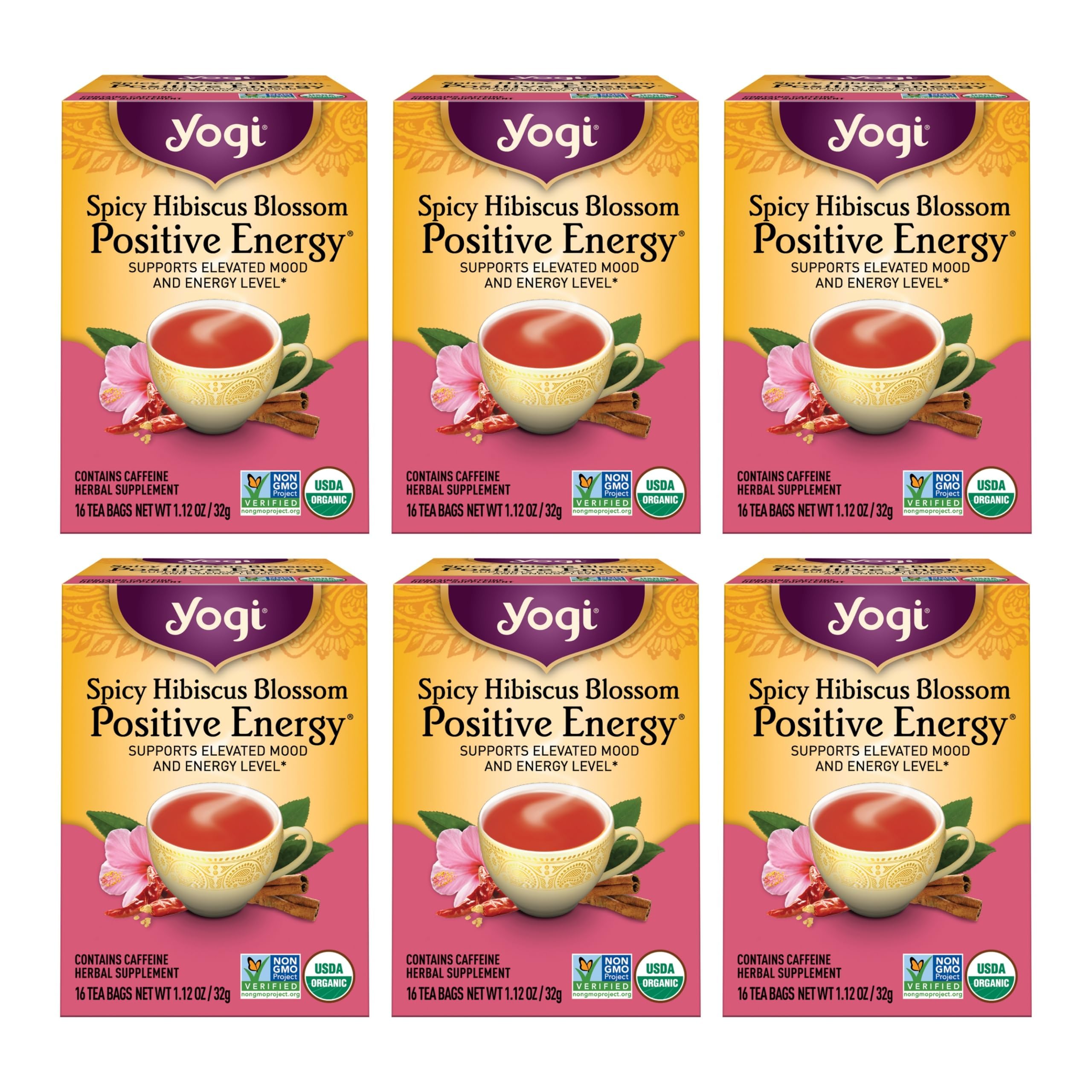Yogi front packaging showing organic spicy hibiscus blend and benefits