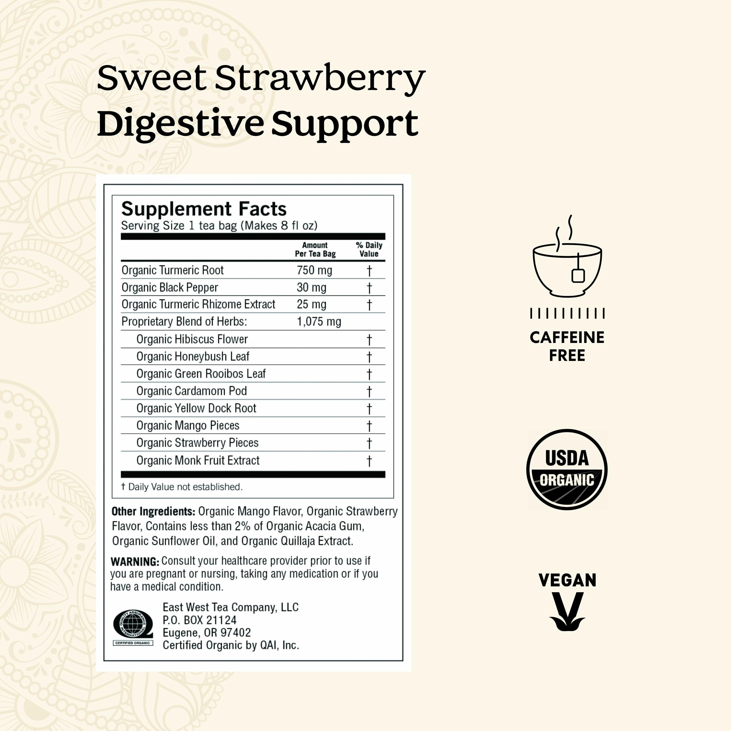 Yogi tea bag close-up label highlighting organic and caffeine-free benefits