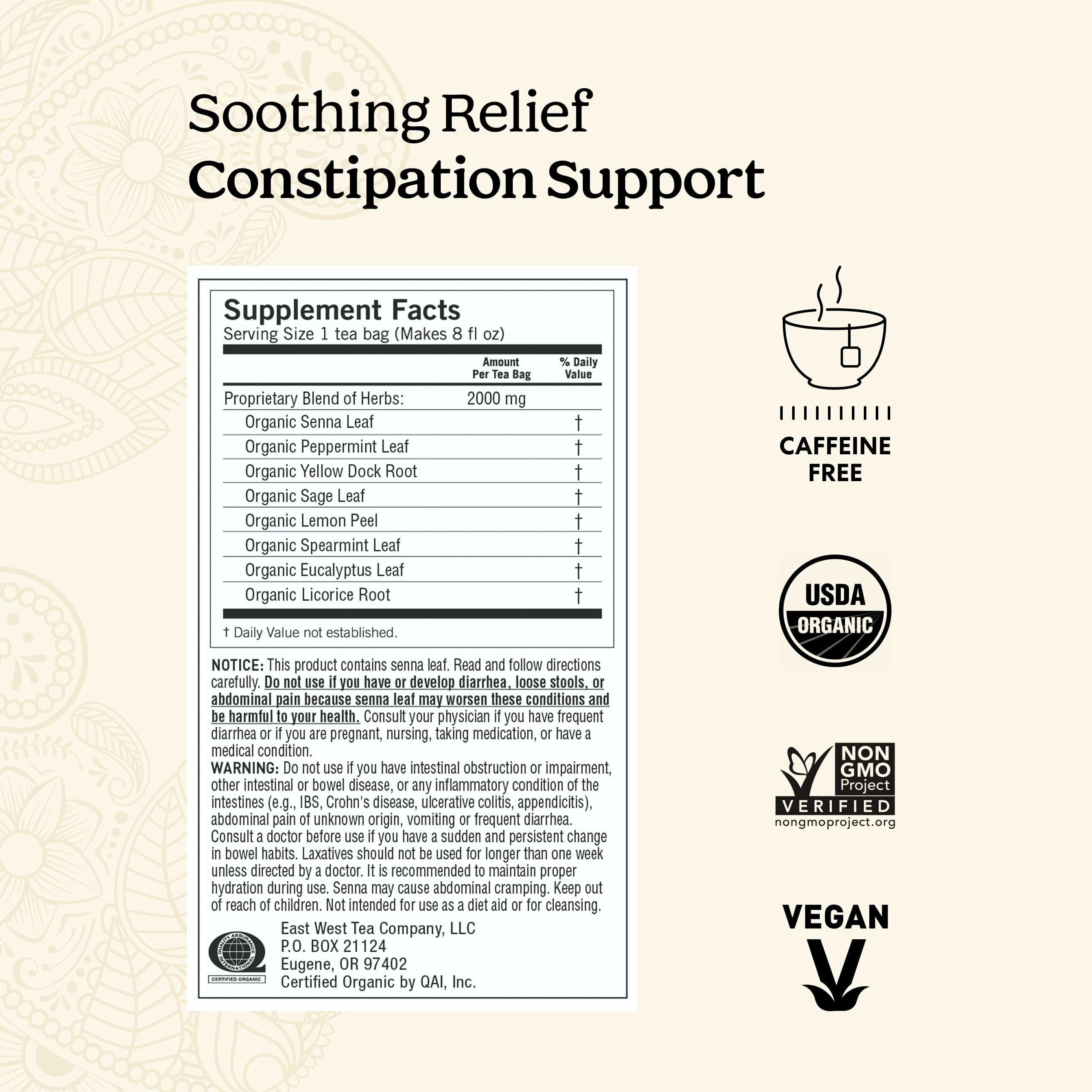Yogi tea bag close-up with readable label highlighting quality and organic ingredients