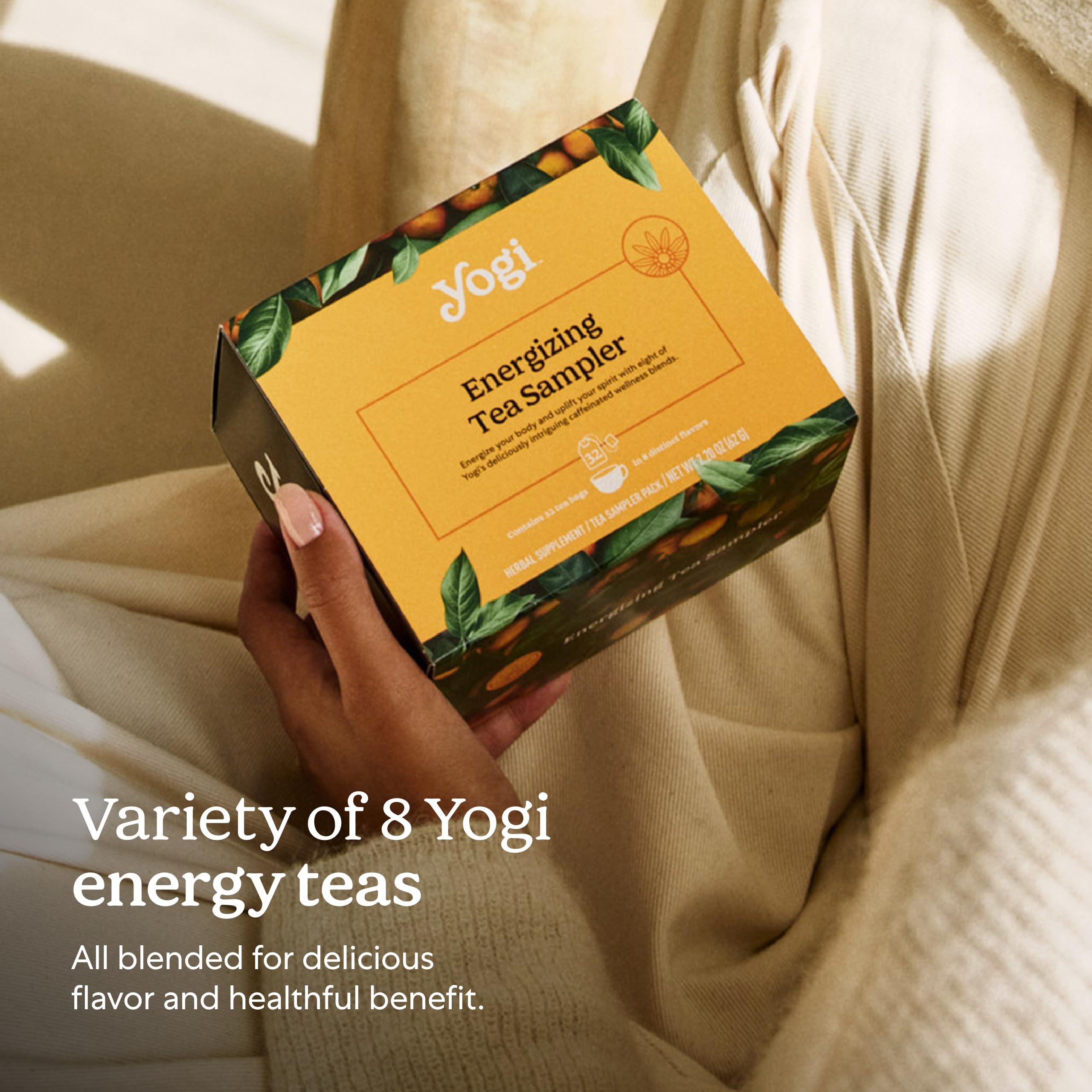 Yogi tea bag beside ruler for scale showing portion size and convenience benefit