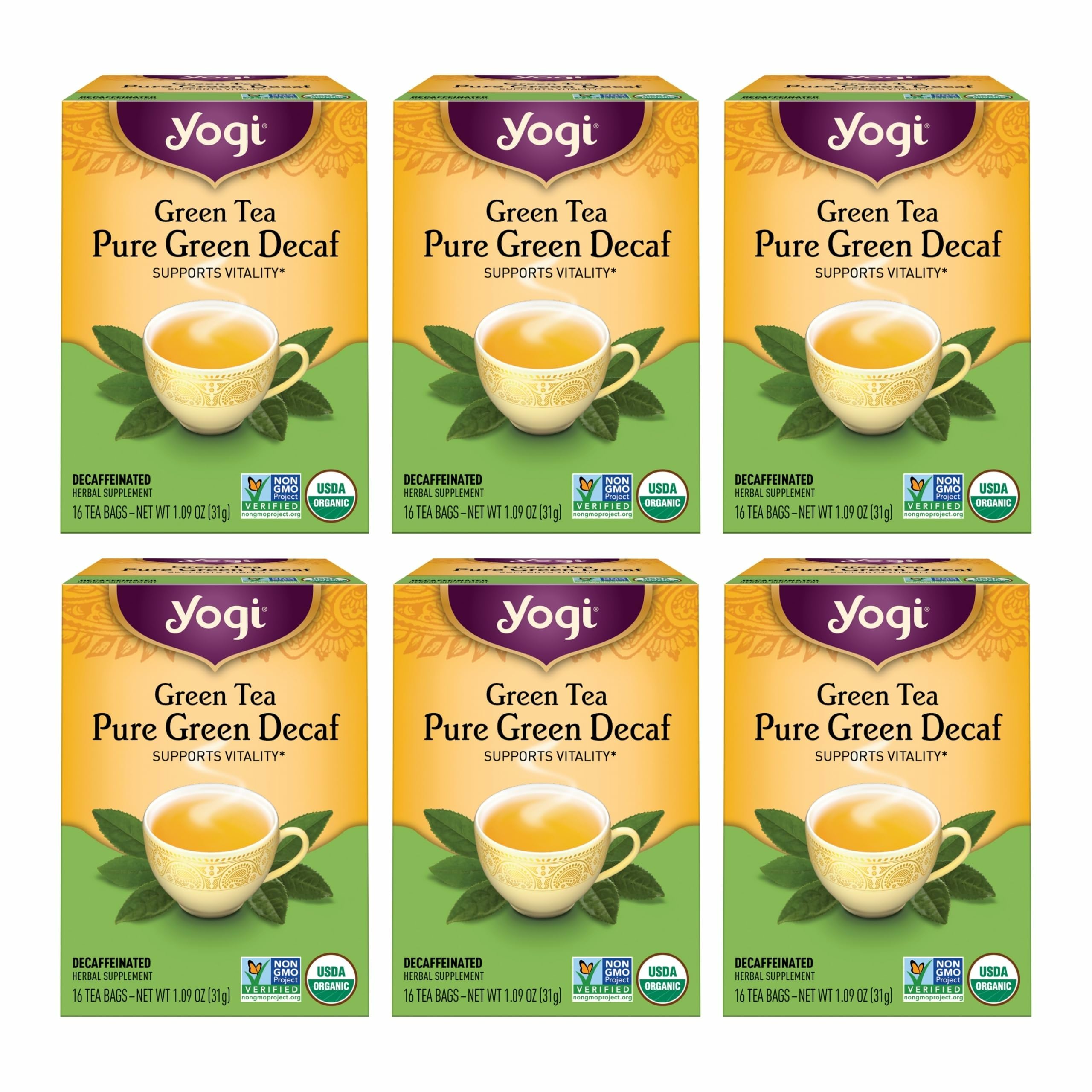 YOGI TEA front packaging showing organic decaf green tea benefits