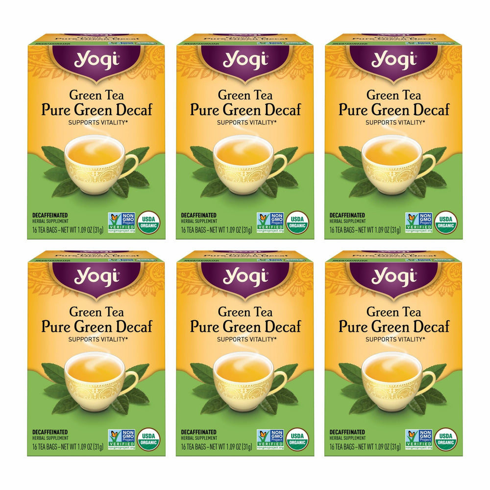 YOGI TEA front packaging showing organic decaf green tea benefits