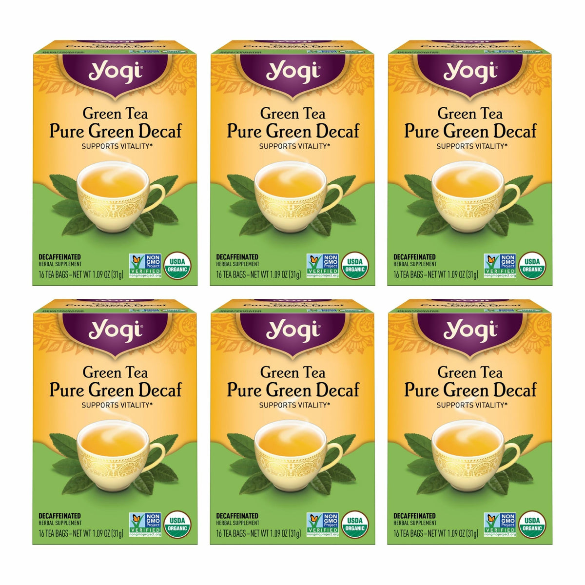 YOGI TEA front packaging showing organic decaf green tea benefits
