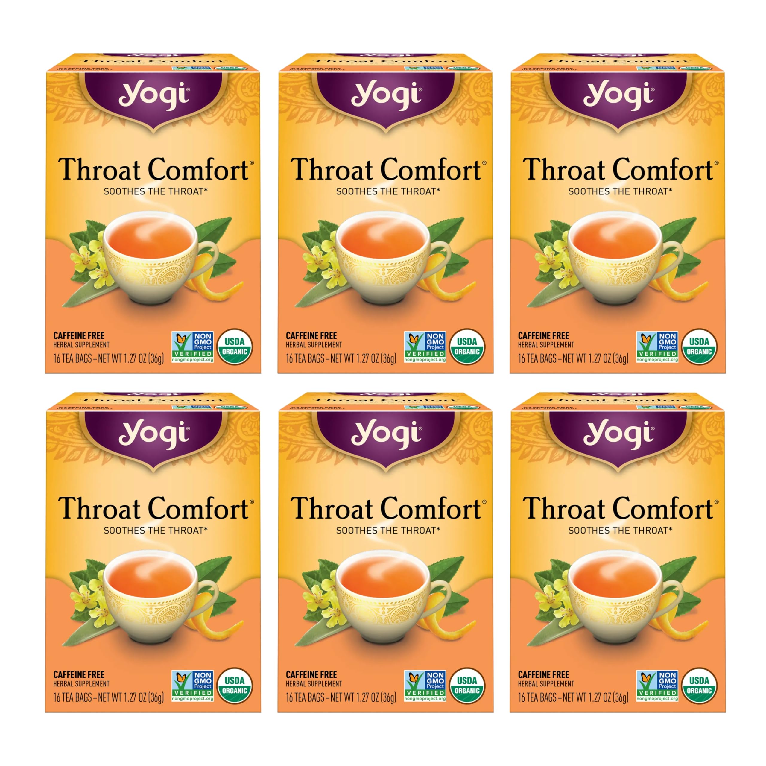 Yogi throat comfort front packaging showing organic tea identity and benefits
