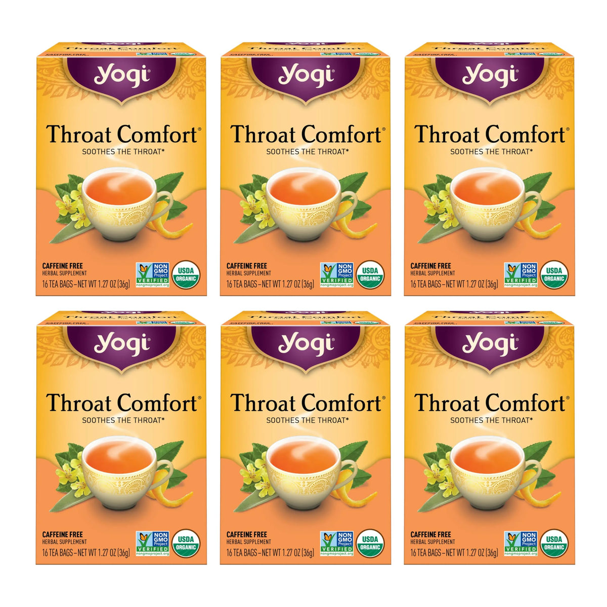 Yogi throat comfort front packaging showing organic tea identity and benefits