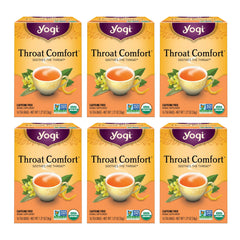 Yogi throat comfort front packaging showing organic tea identity and benefits