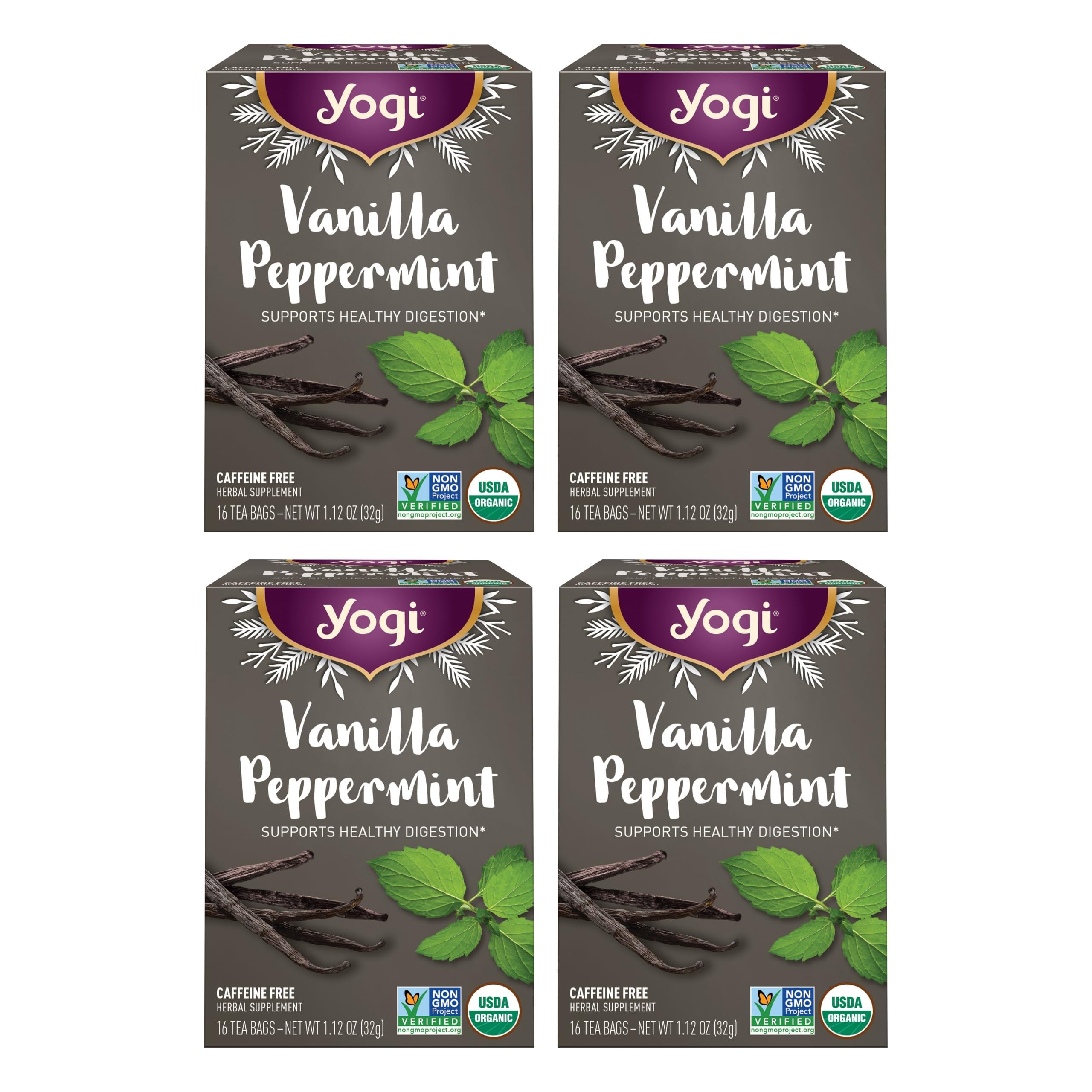 Yogi front packaging showing organic vanilla peppermint tea benefits