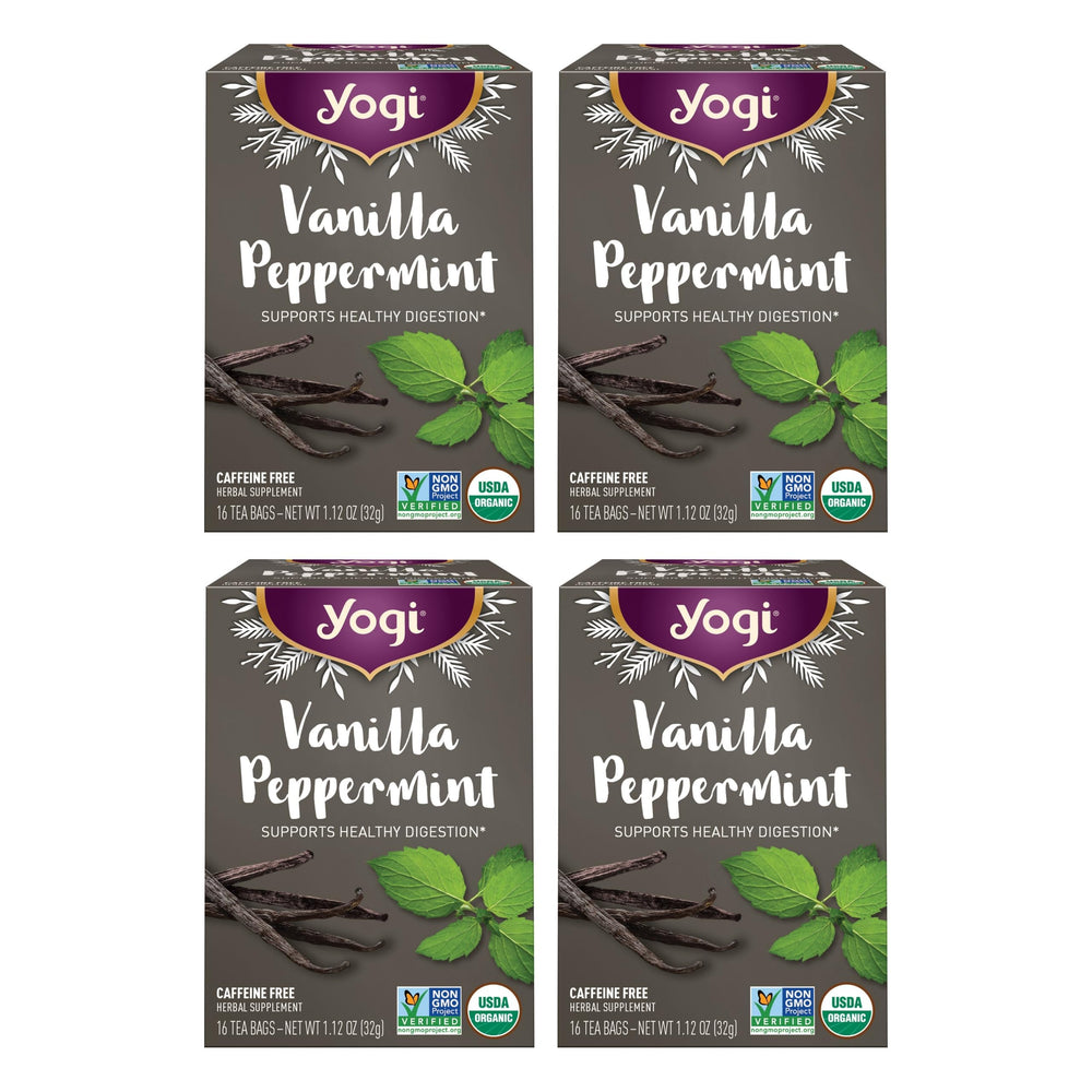 Yogi front packaging showing organic vanilla peppermint tea benefits