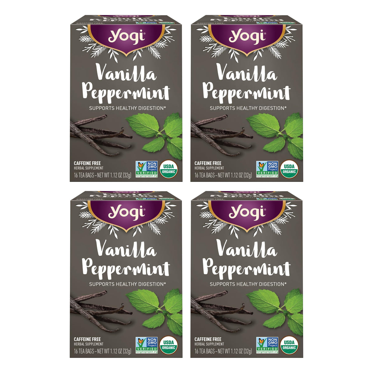 Yogi front packaging showing organic vanilla peppermint tea benefits