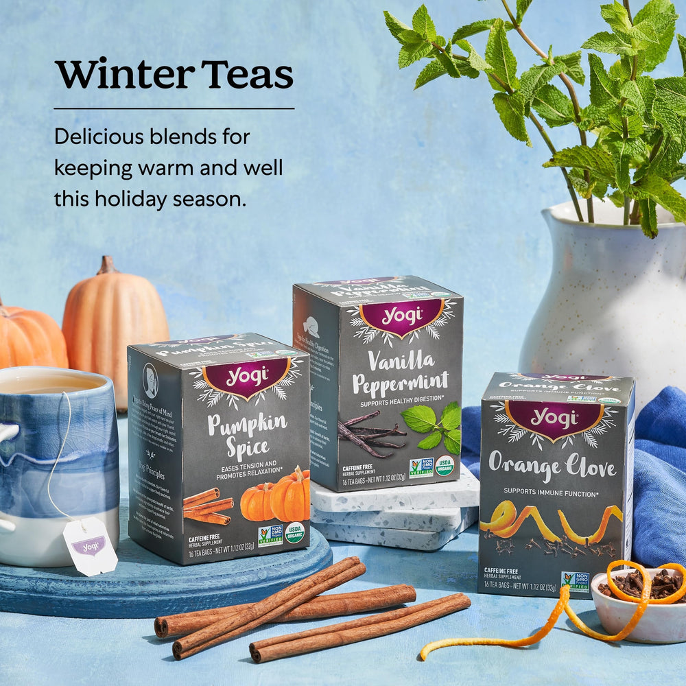 Yogi tea bags beside a ruler showing pack size and portion clarity
