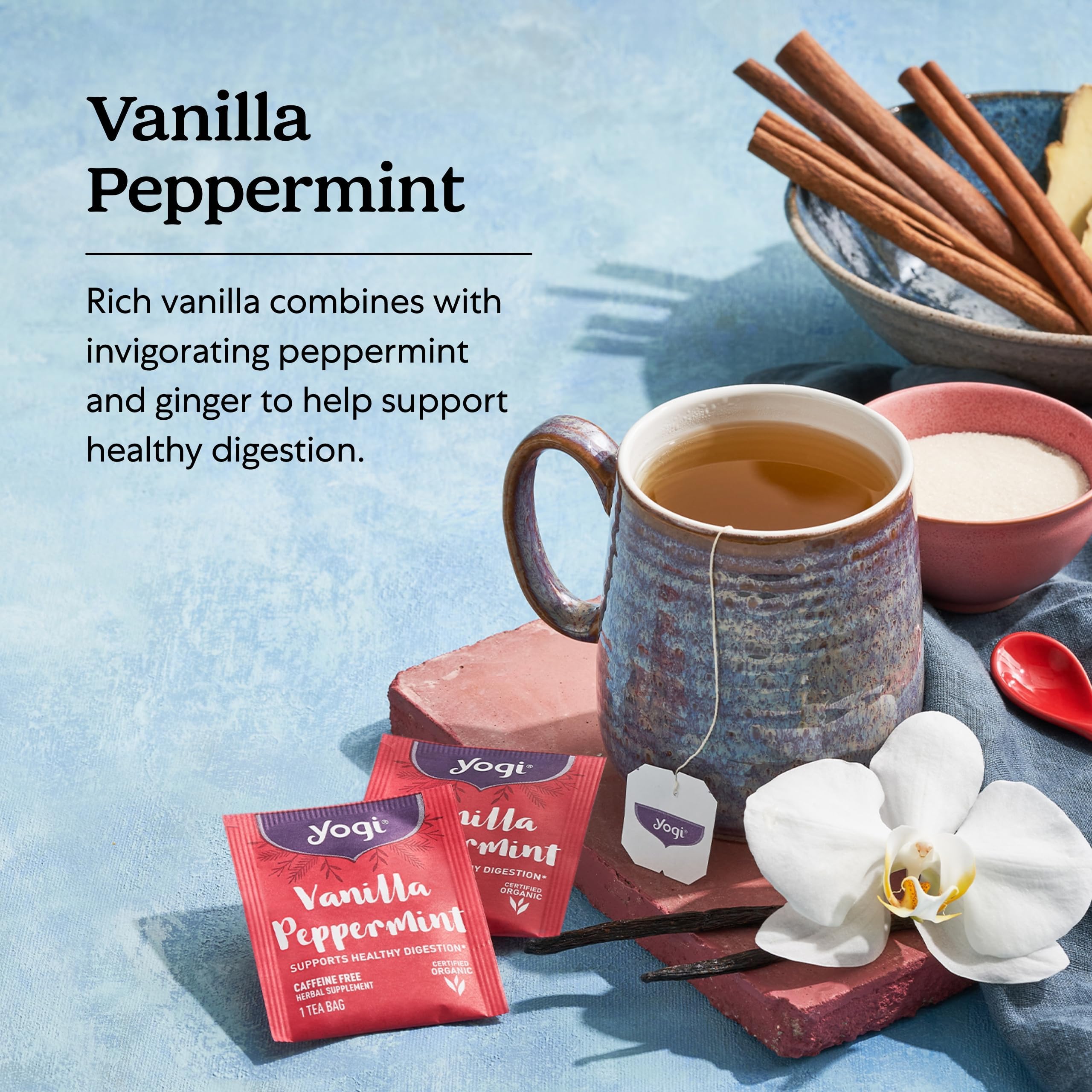Yogi cup of steeped tea demonstrating warm aromatic comfort