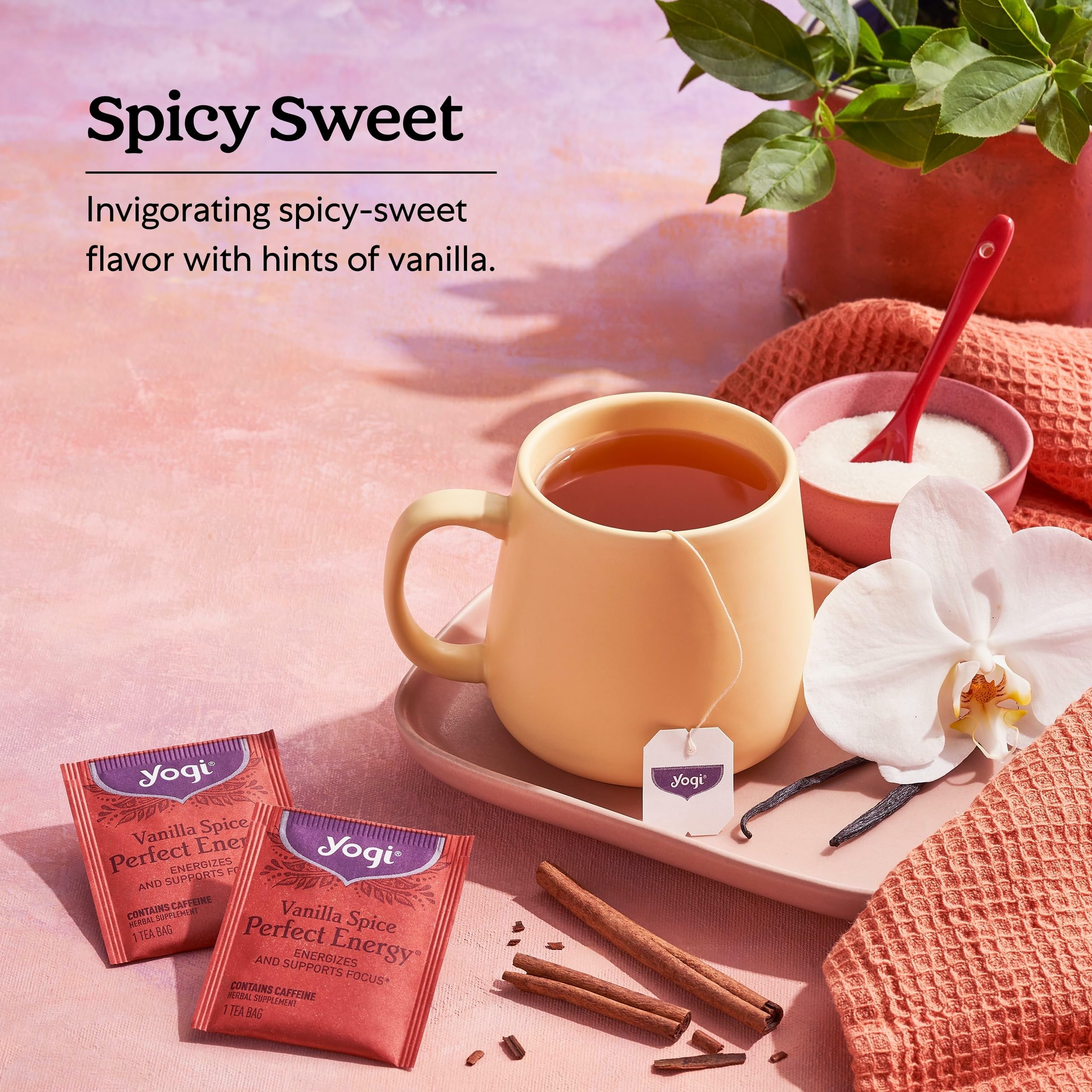 Yogi dry tea blend with vanilla and spices emphasizing natural flavor