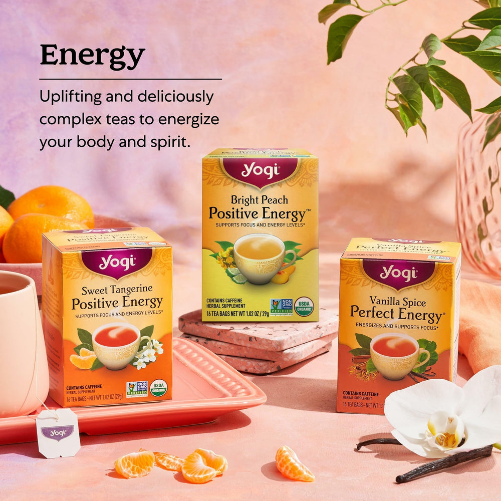 Yogi steeping cup releasing aroma for a calming, focused sip
