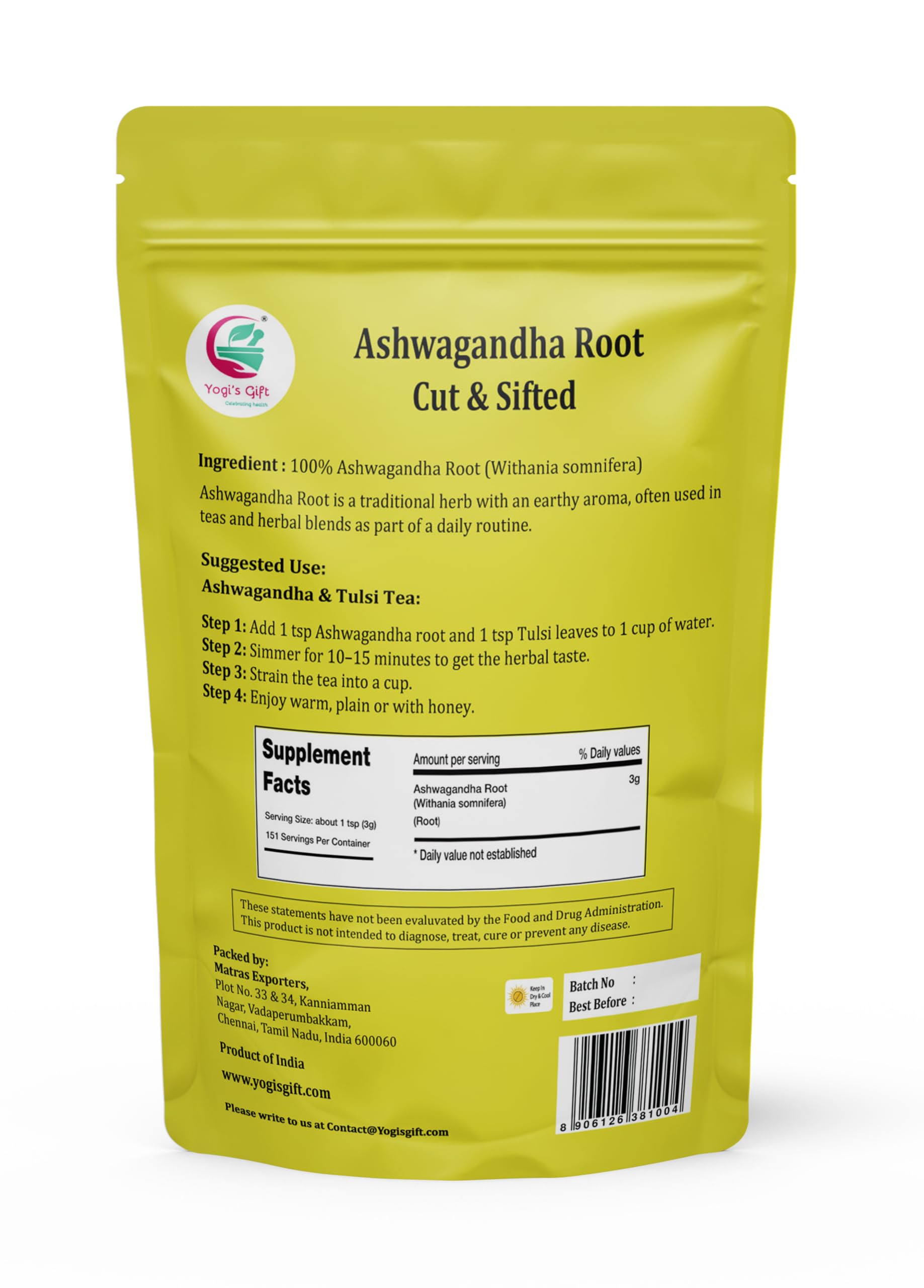 YOGI’S GIFT close-up of chopped ashwagandha root texture, easy-to-steep particle size benefit