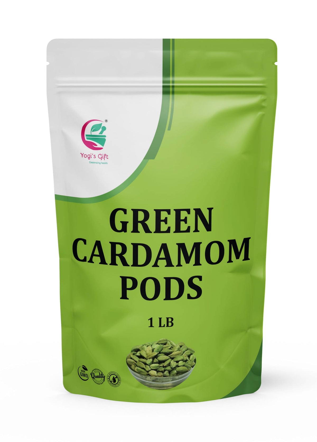 YOGI’S GIFT front packaging showing whole green cardamom pods and clear labeling benefit freshness