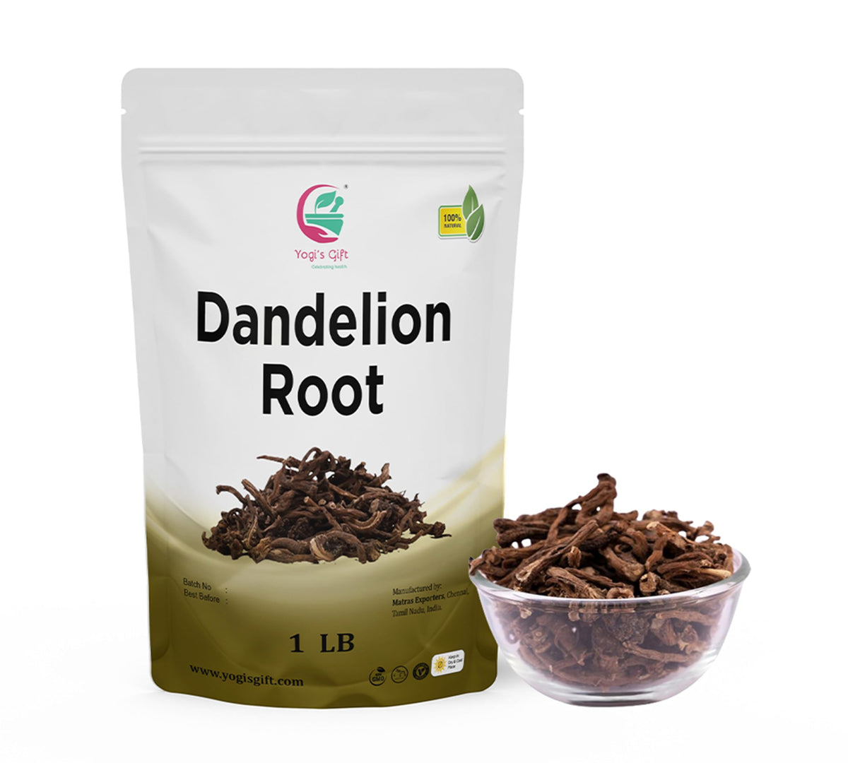 yogis gift front package showing 1 lb whole dandelion roots and clear labeling for pantry storage benefit