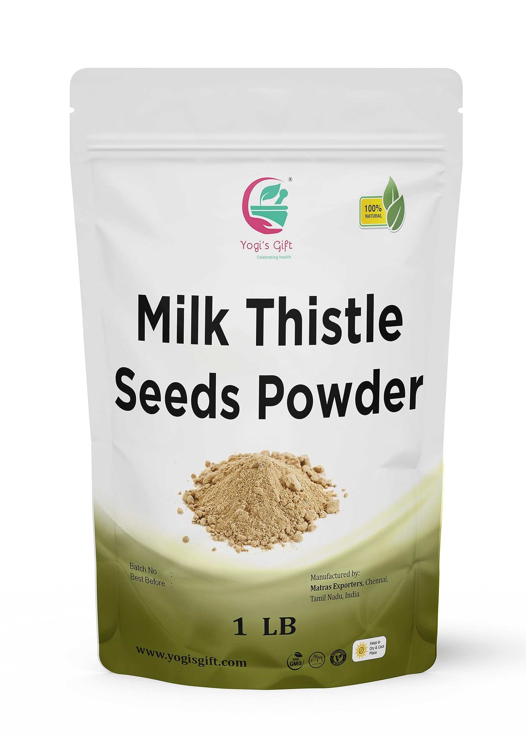YOGI’S GIFT front packaging showing 1 lb milk thistle powder and clear labeling for convenience