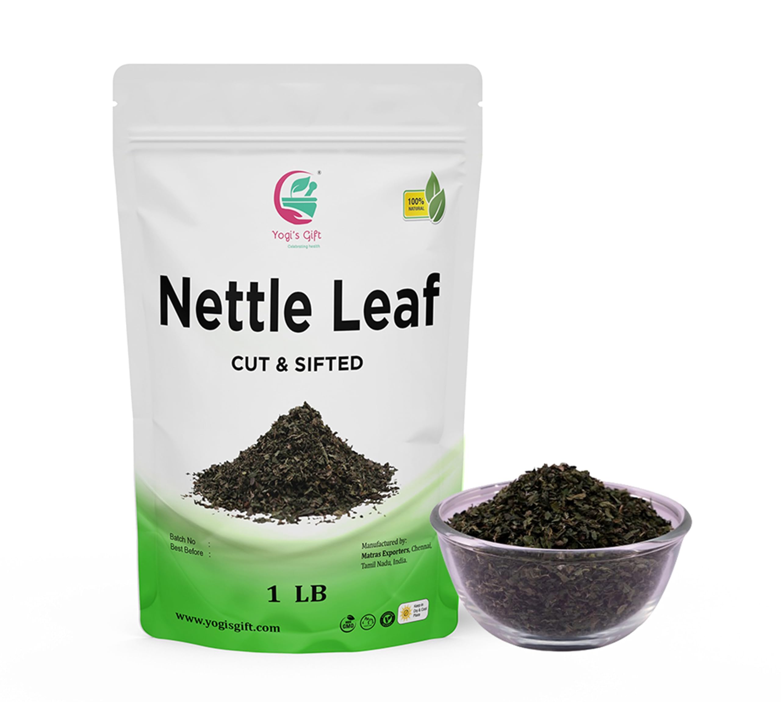 YOGI’S GIFT front packaging of 1 lb nettle leaves showing product labeling and size benefit