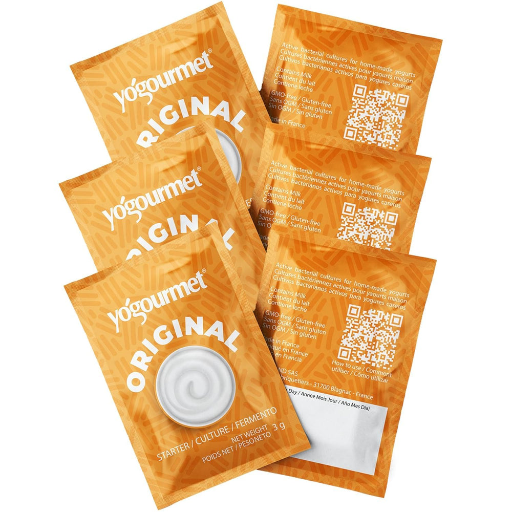 Yogourmet front package showing six sachets and benefits